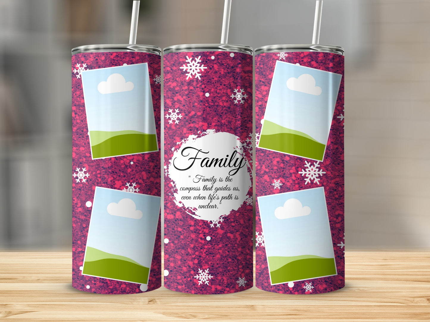 Pink glitter tumbler with snowflakes and "Family" quote on white oval.
