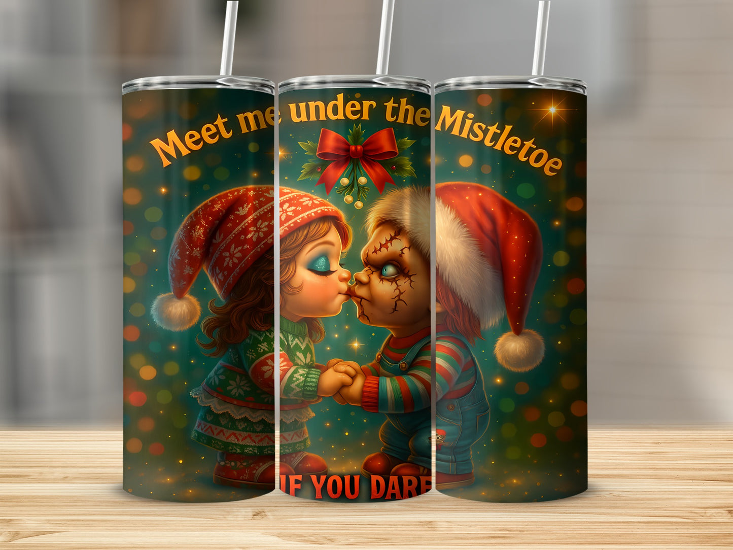 Chucky and Tiffany dolls kissing under mistletoe with "If You Dare" text.
