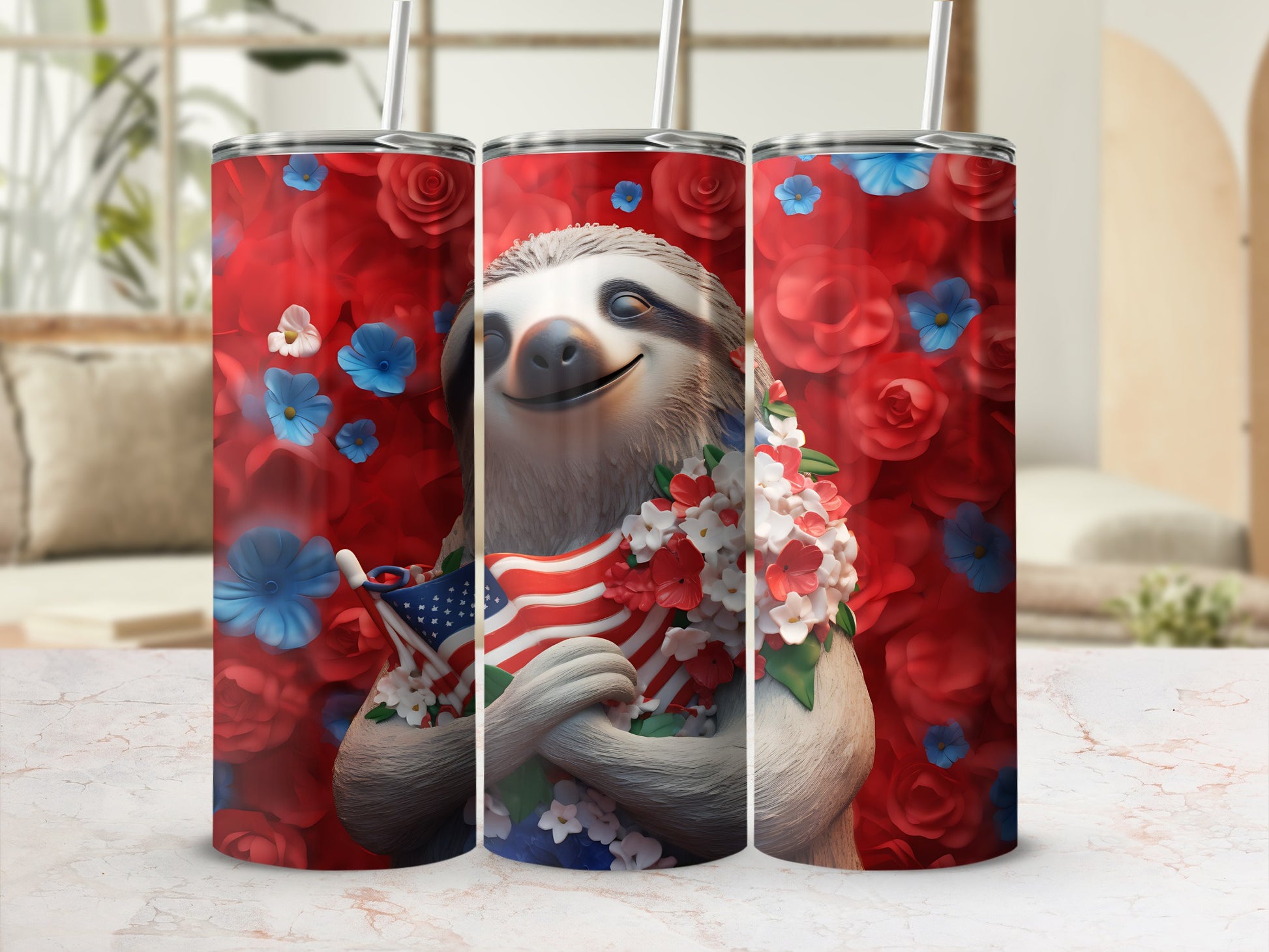 Sloth wearing American flag garland against a backdrop of red and blue flowers.