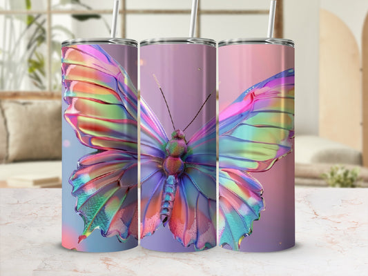 Three tumblers with iridescent butterfly wings design.