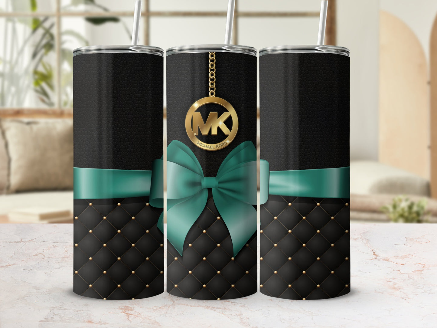 Elegant Tumbler with Aqua Bow and Gold Accents Design
