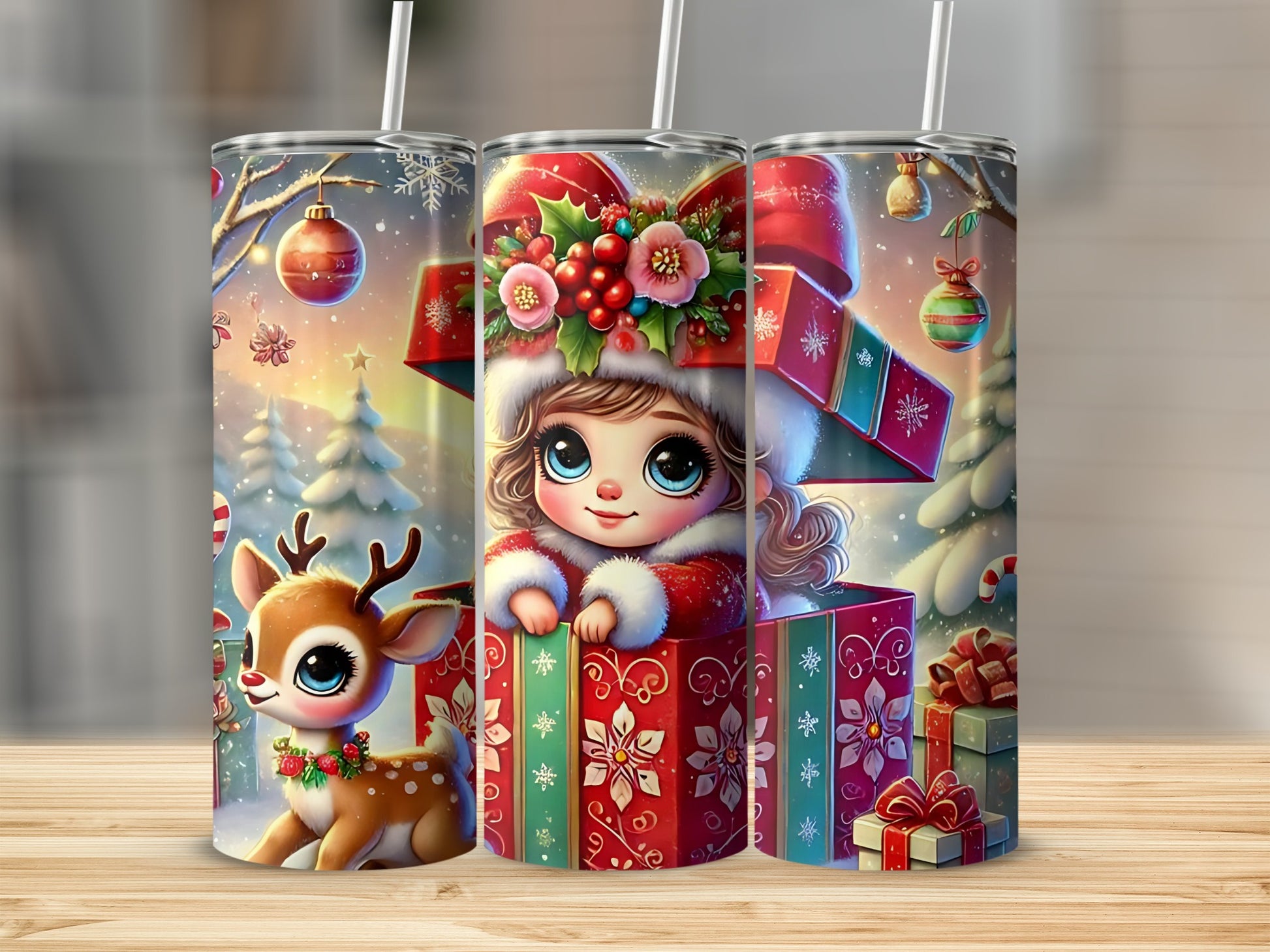 Festive Holiday-Themed Tumbler with Cute Reindeer Design