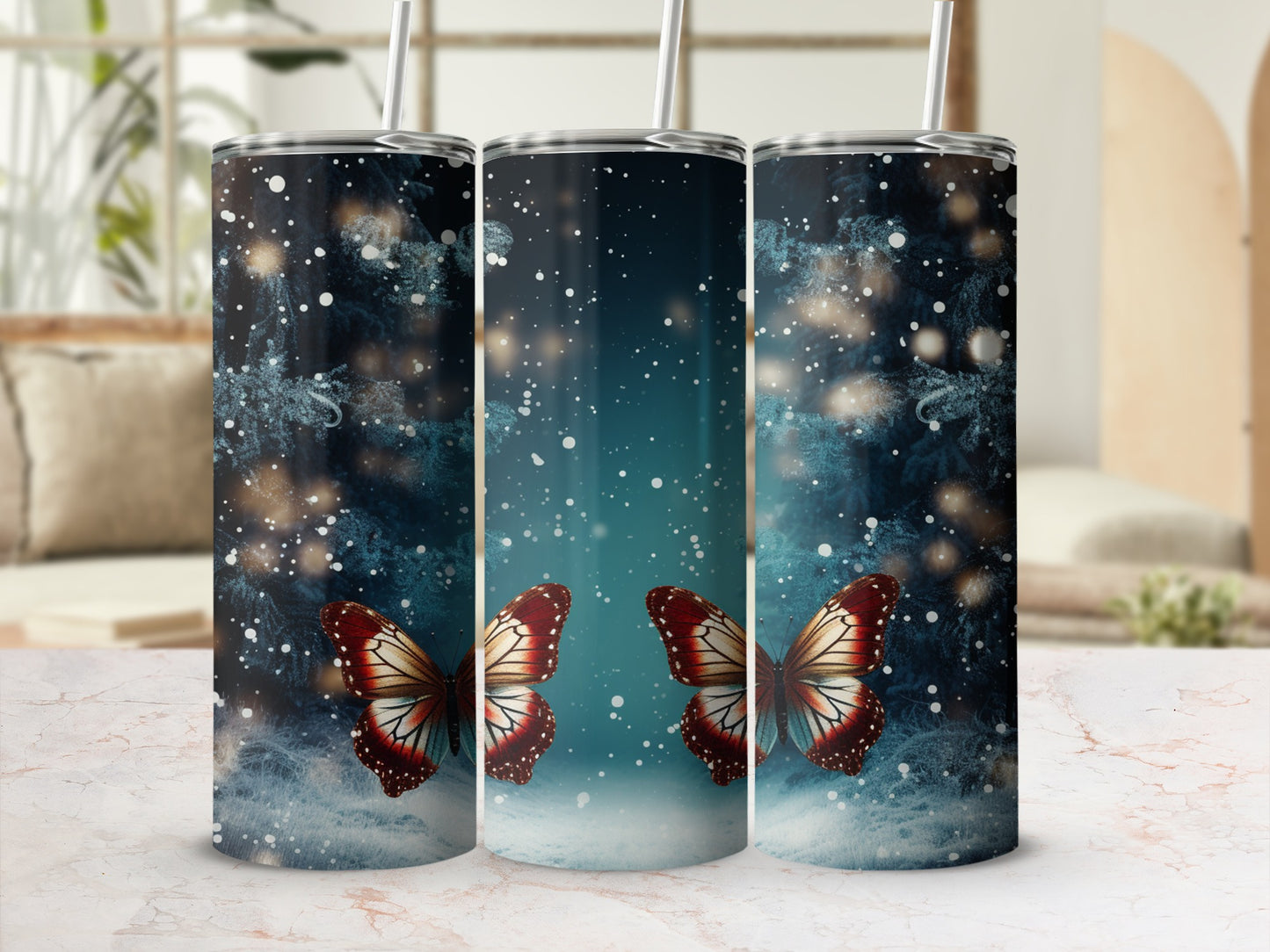 Three tumblers with a dark blue background and white glowing snowflakes.