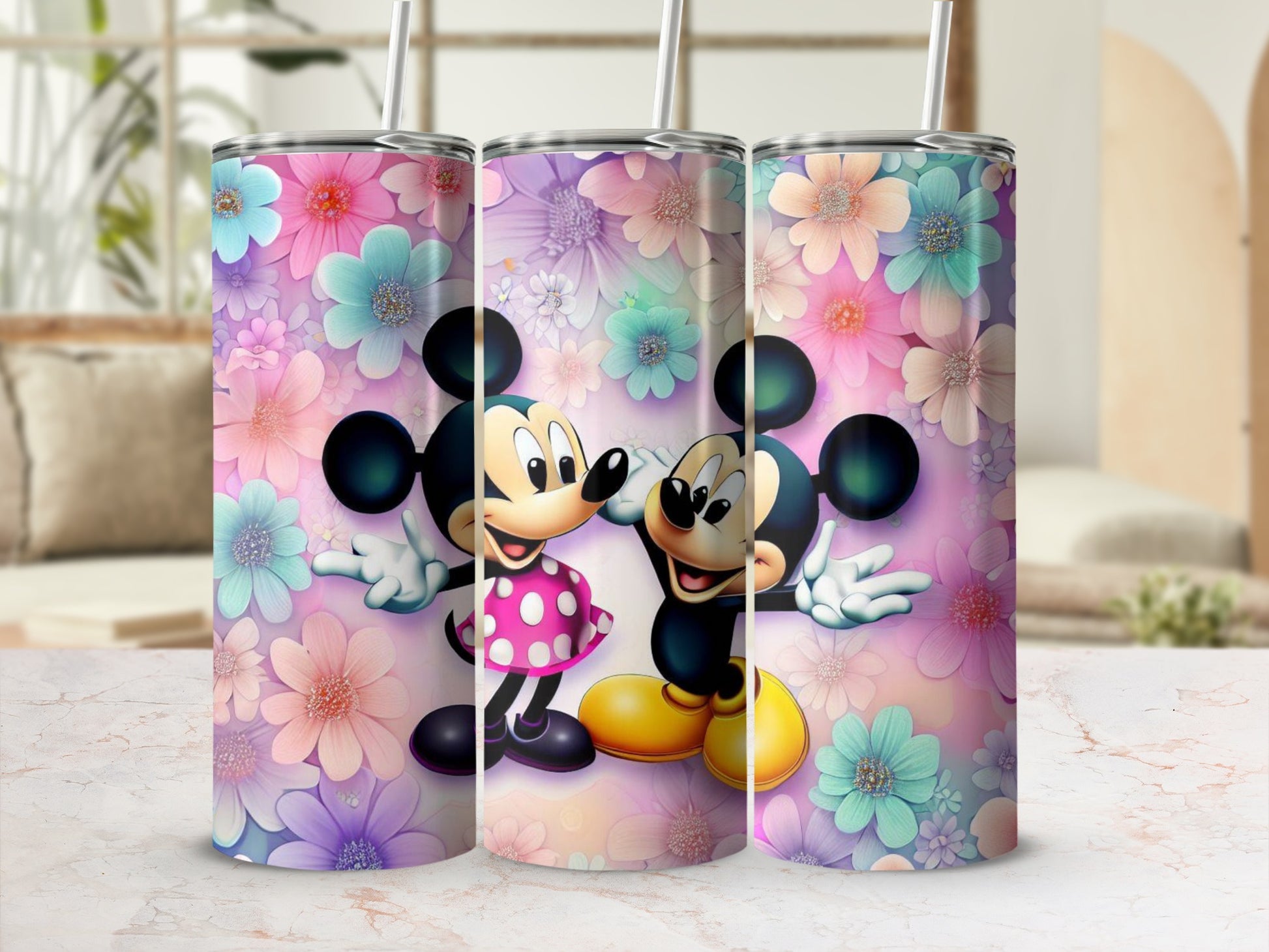 Playful Mickey and Minnie Floral Designed Tumbler