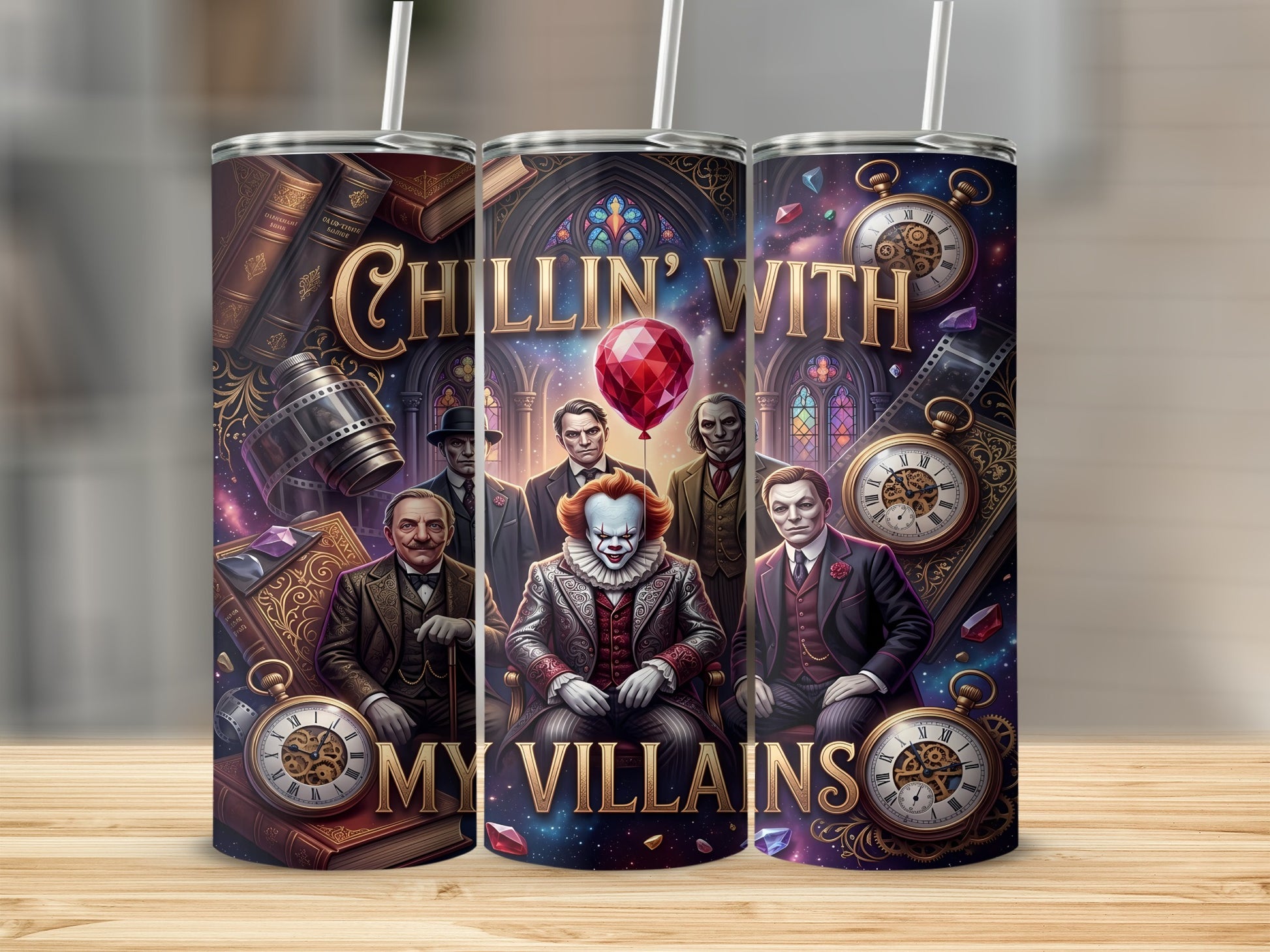 "Chillin' With My Villains" text on a tumbler with Pennywise and other villains.