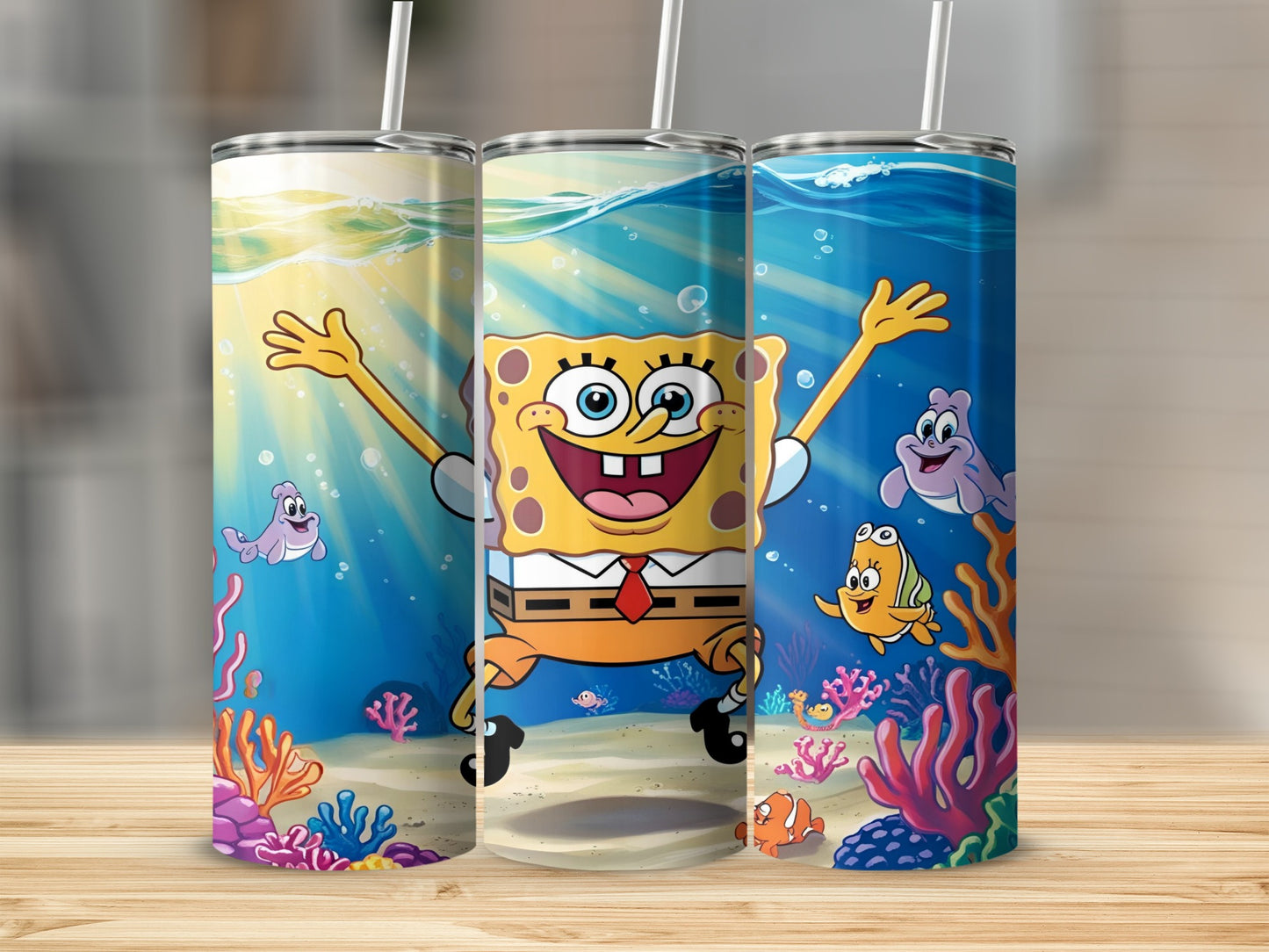 SpongeBob SquarePants smiling and underwater with coral and fish.