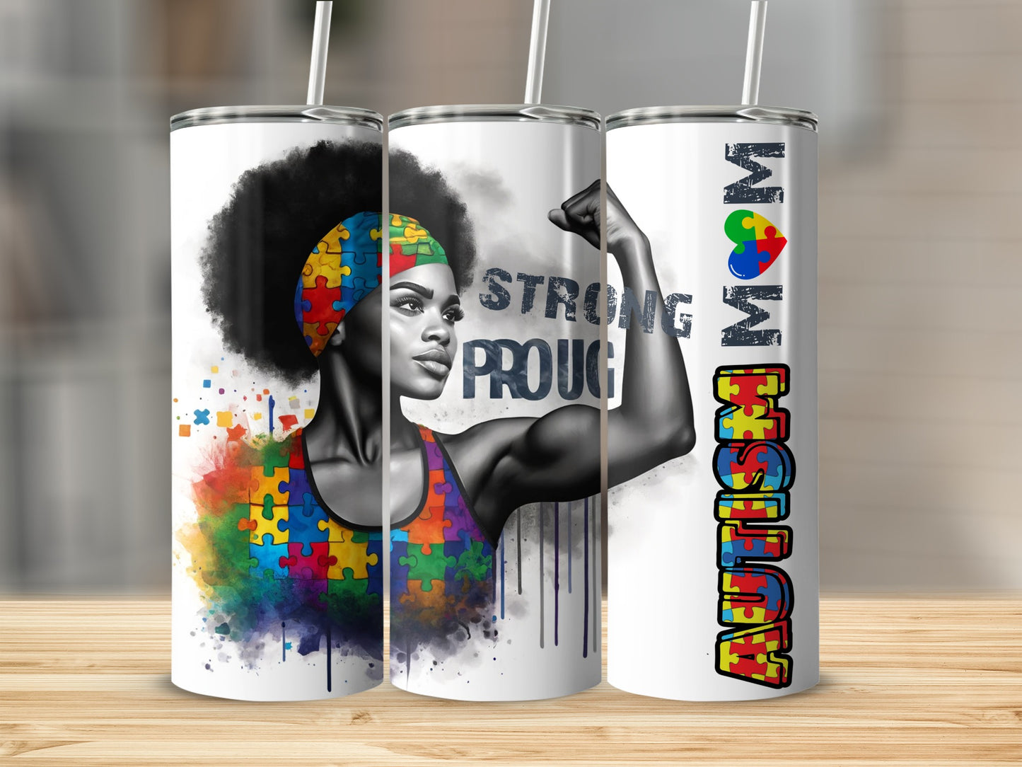 Mom Autism awareness design on a tumbler cup.