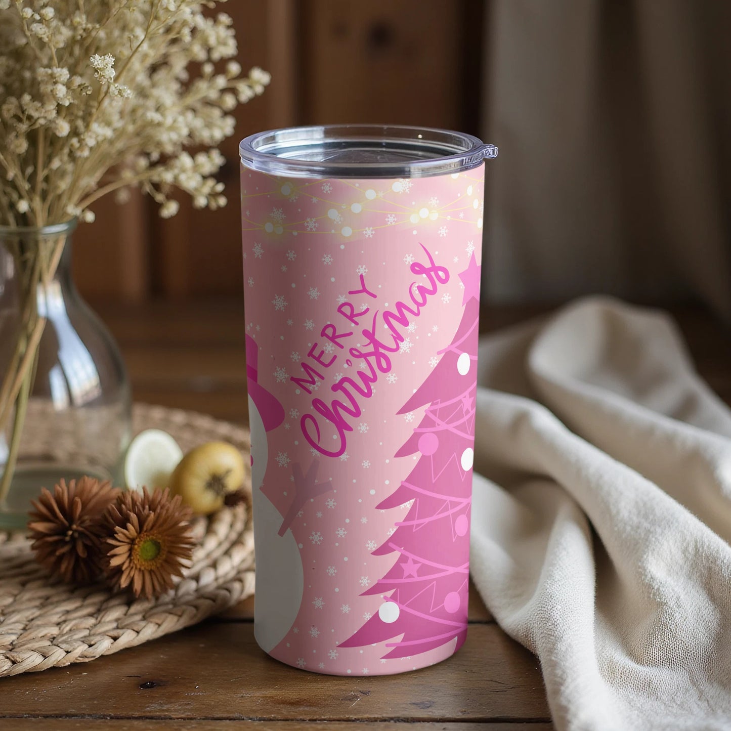 Merry Christmas Themed Pink Tumbler with Snowman Illustration