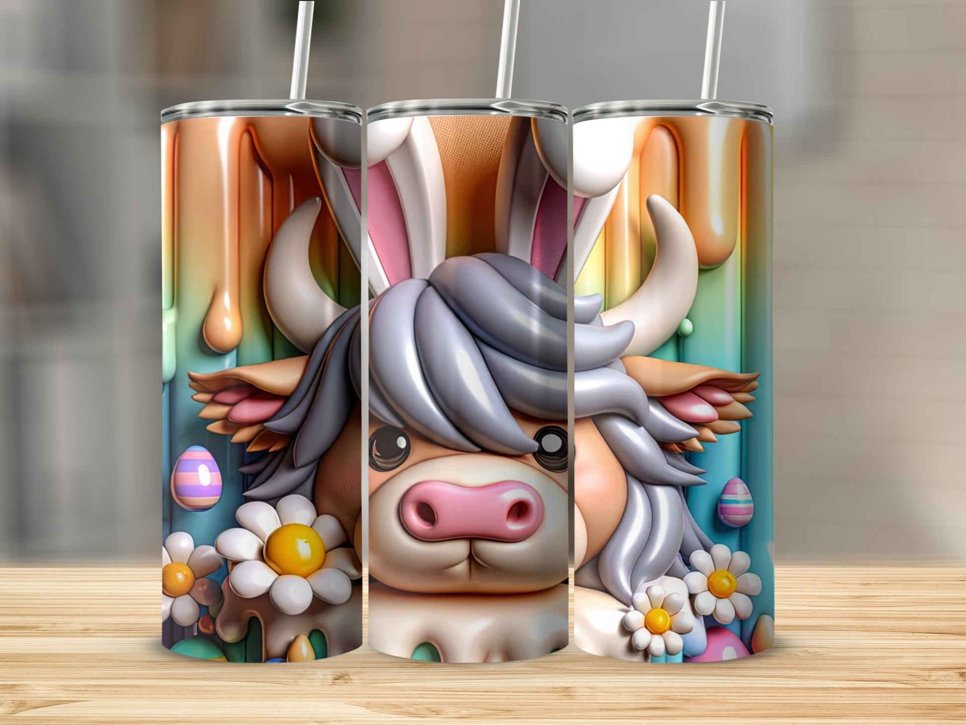 Highland cow with bunny ears and Easter eggs on a skinny tumbler.