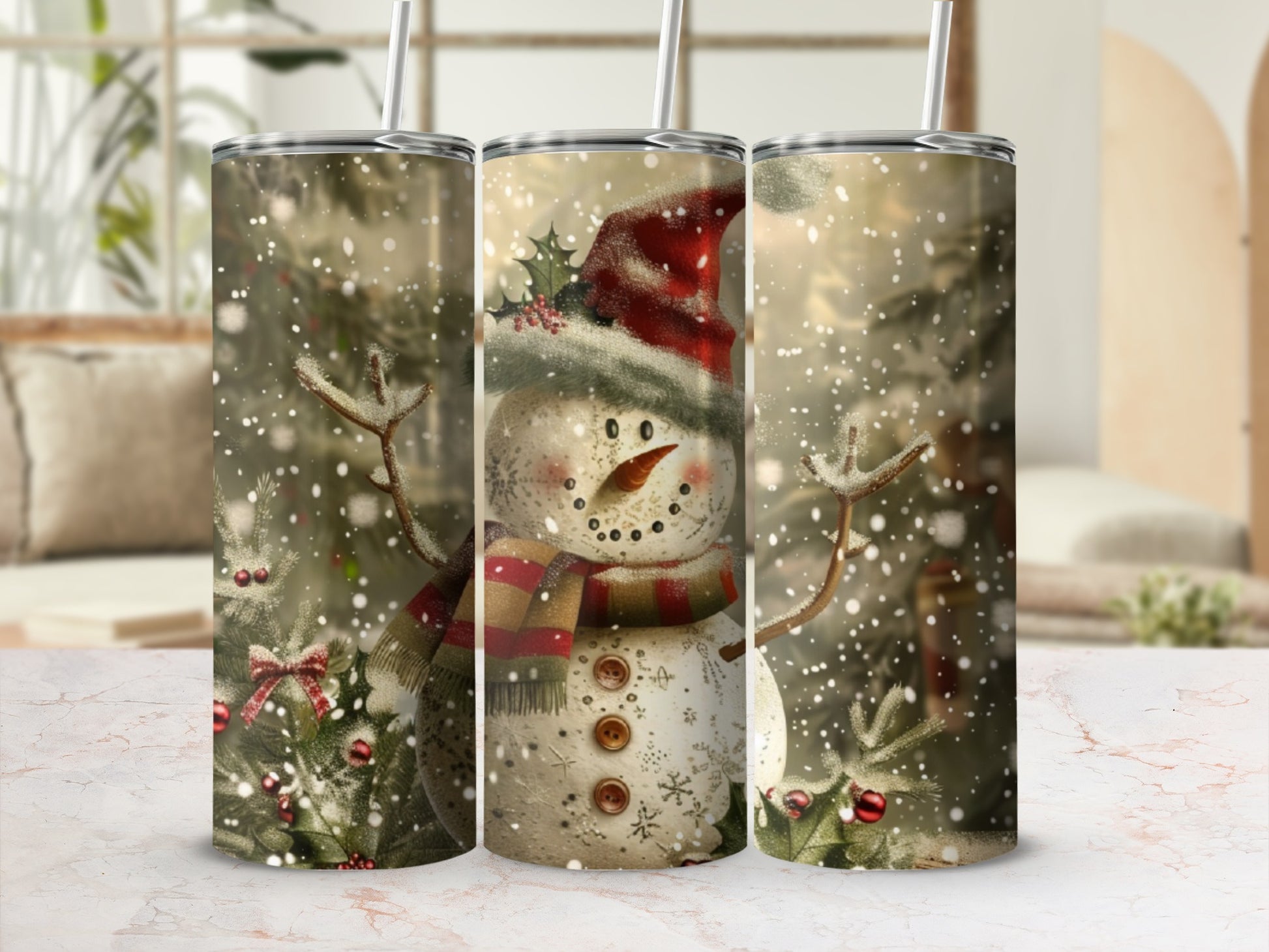 Snowman with red scarf and hat surrounded by snow and Christmas decorations.