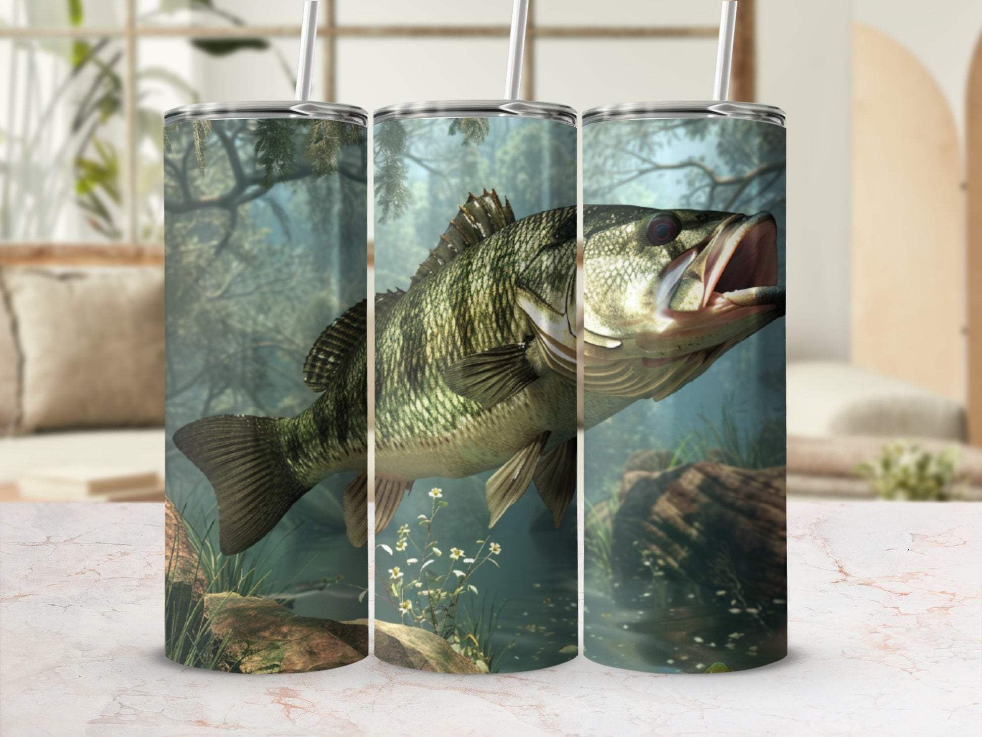 Largemouth bass leaping from water with blurred forest background.