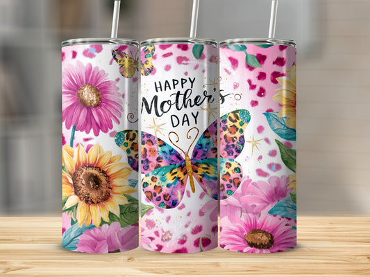 Mother's Day tumbler with flowers, butterflies, and leopard print.