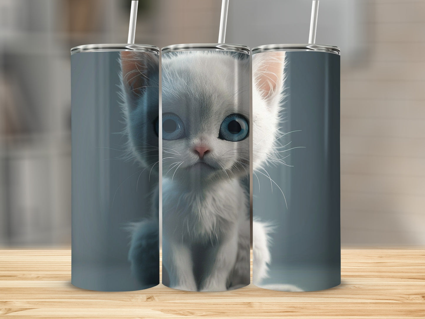 Three tumblers featuring a cute white kitten with blue eyes.
