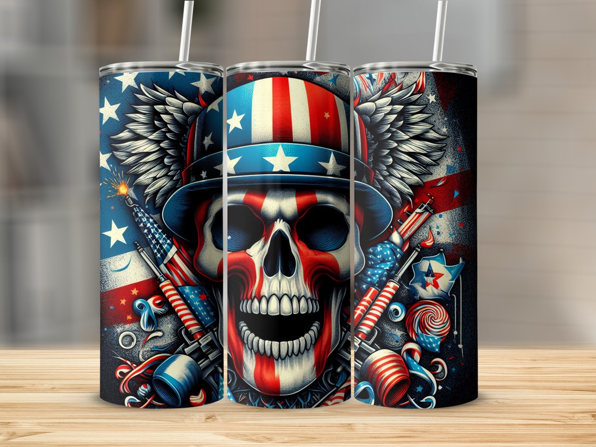 Skull wearing a patriotic hat with guns and fireworks.