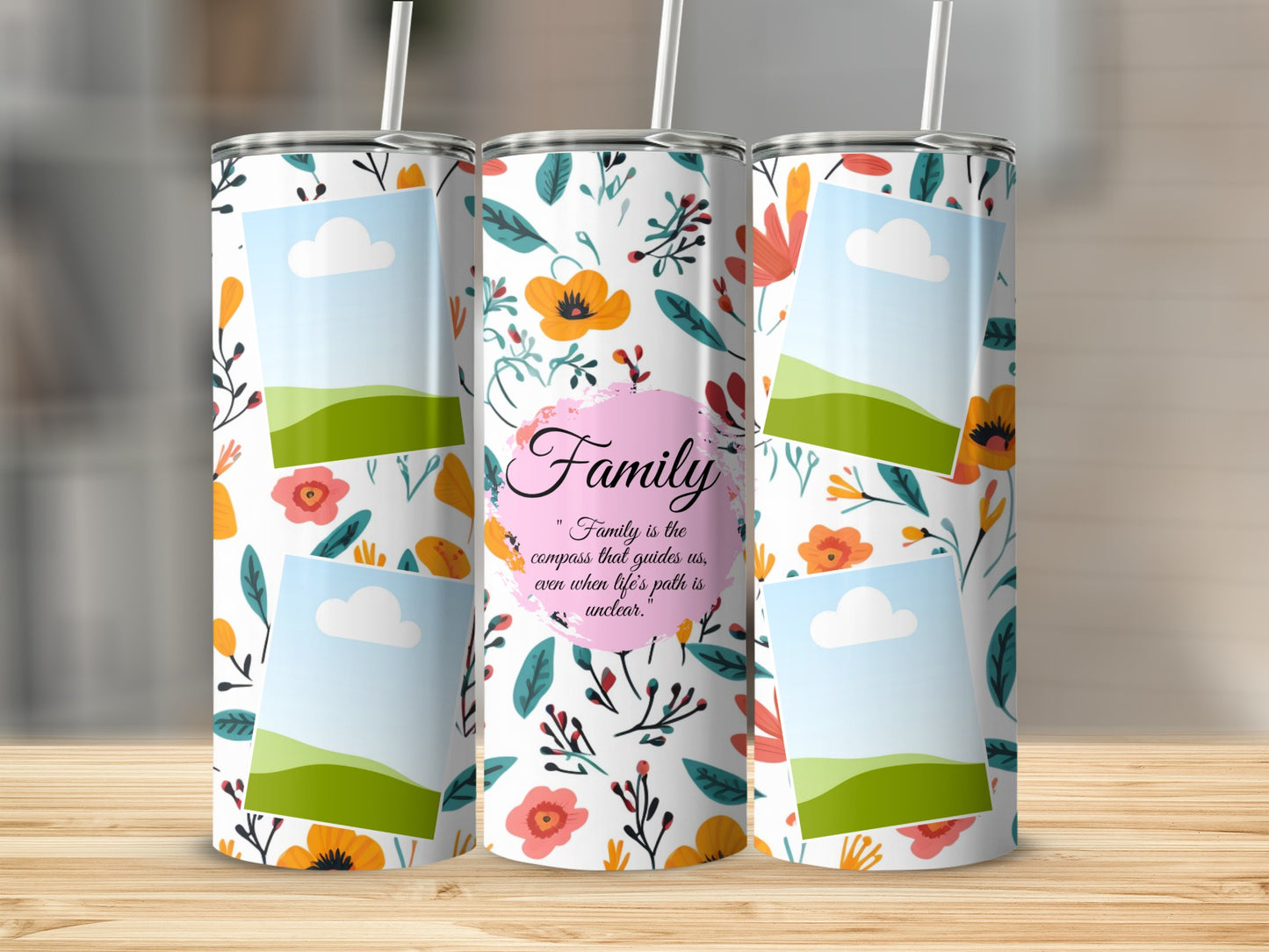 Floral tumbler with empty photo frames and "Family is the compass" quote.