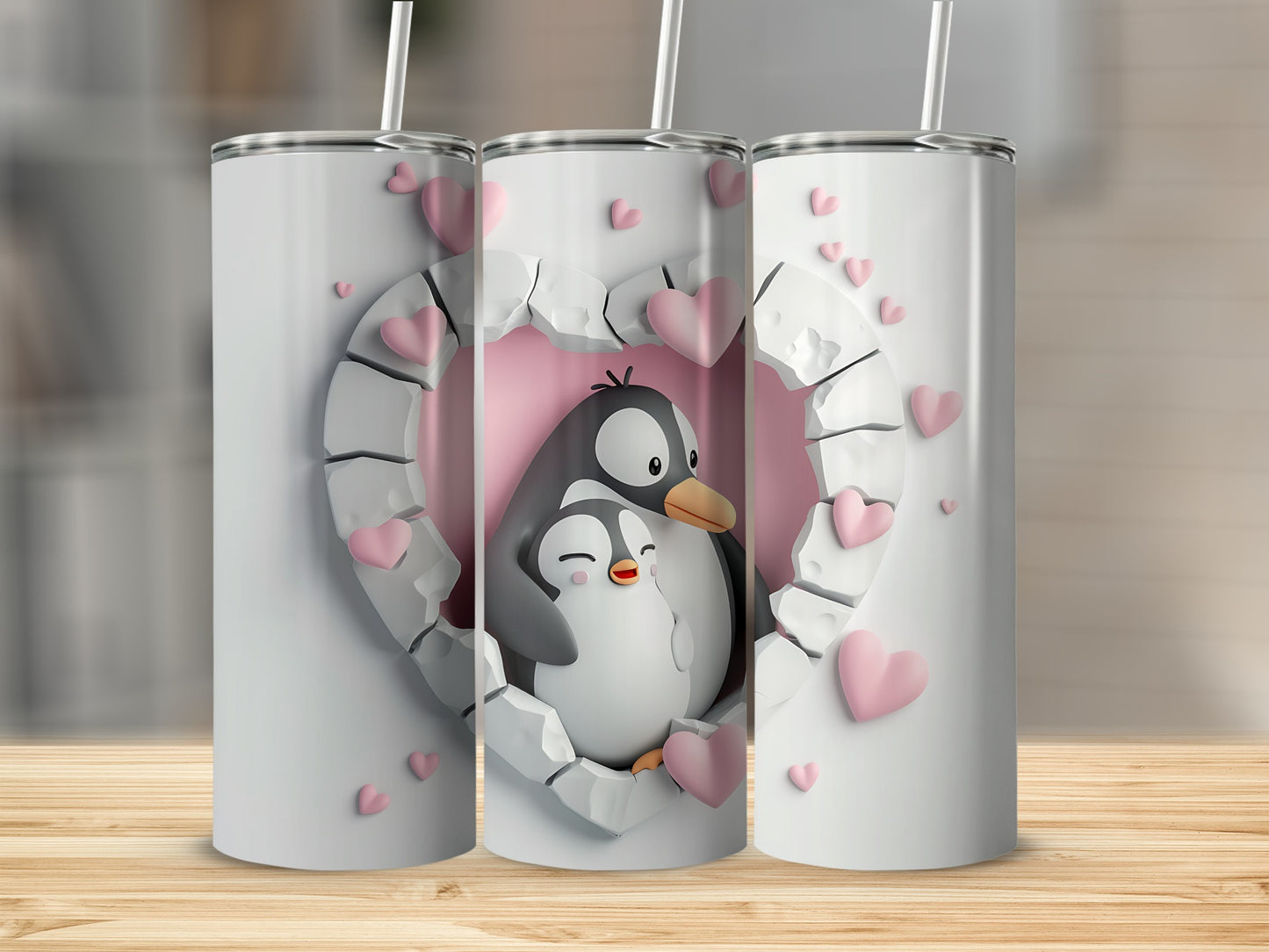 Two cartoon penguins embracing inside a heart-shaped frame.