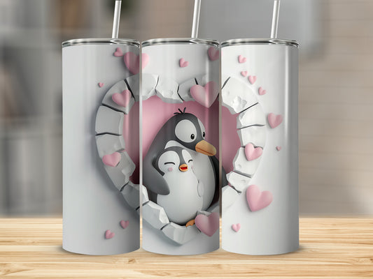 Two cartoon penguins embracing inside a heart-shaped frame.