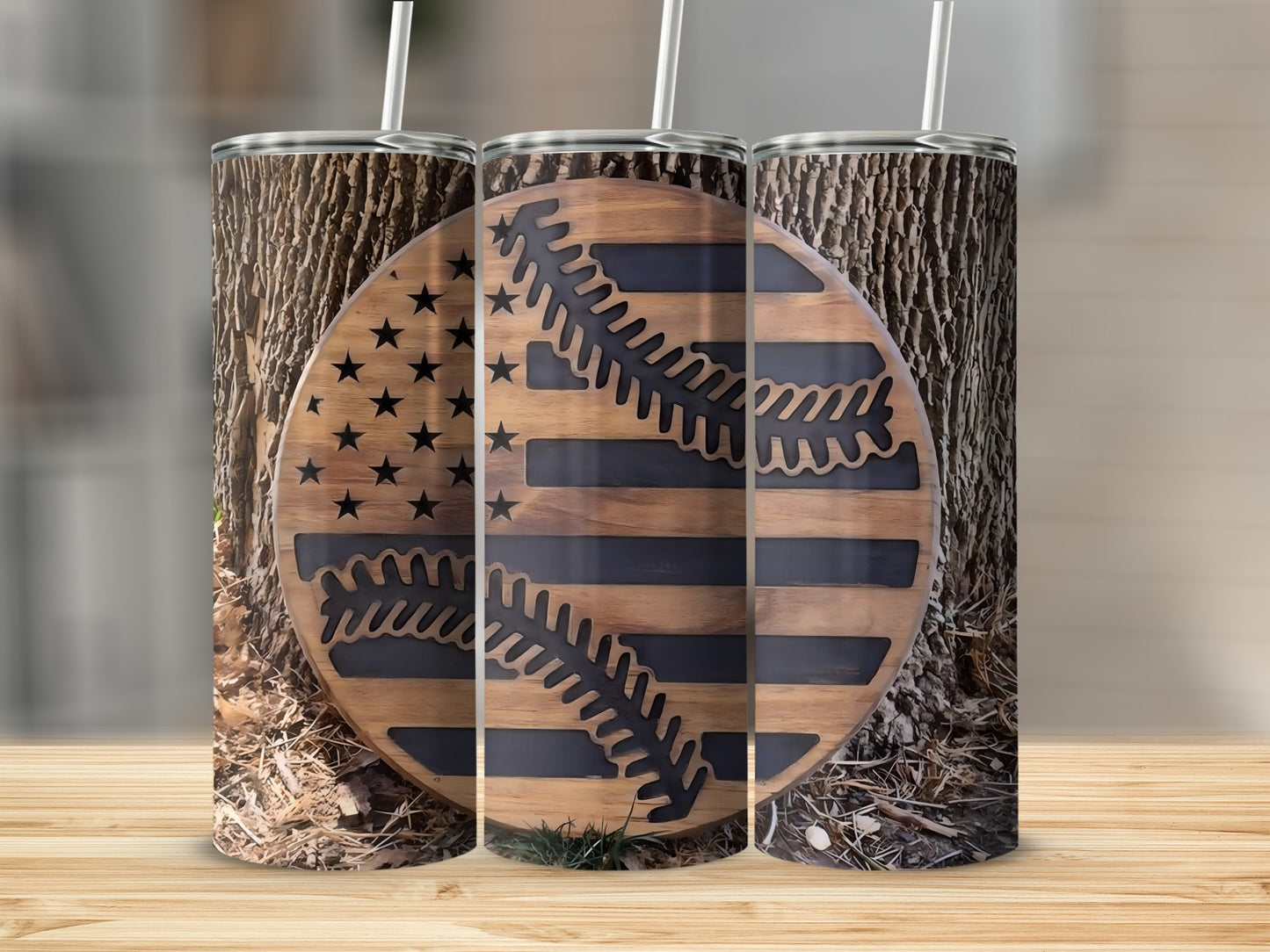 Rustic Wooden Baseball Flag Design Tumbler Product