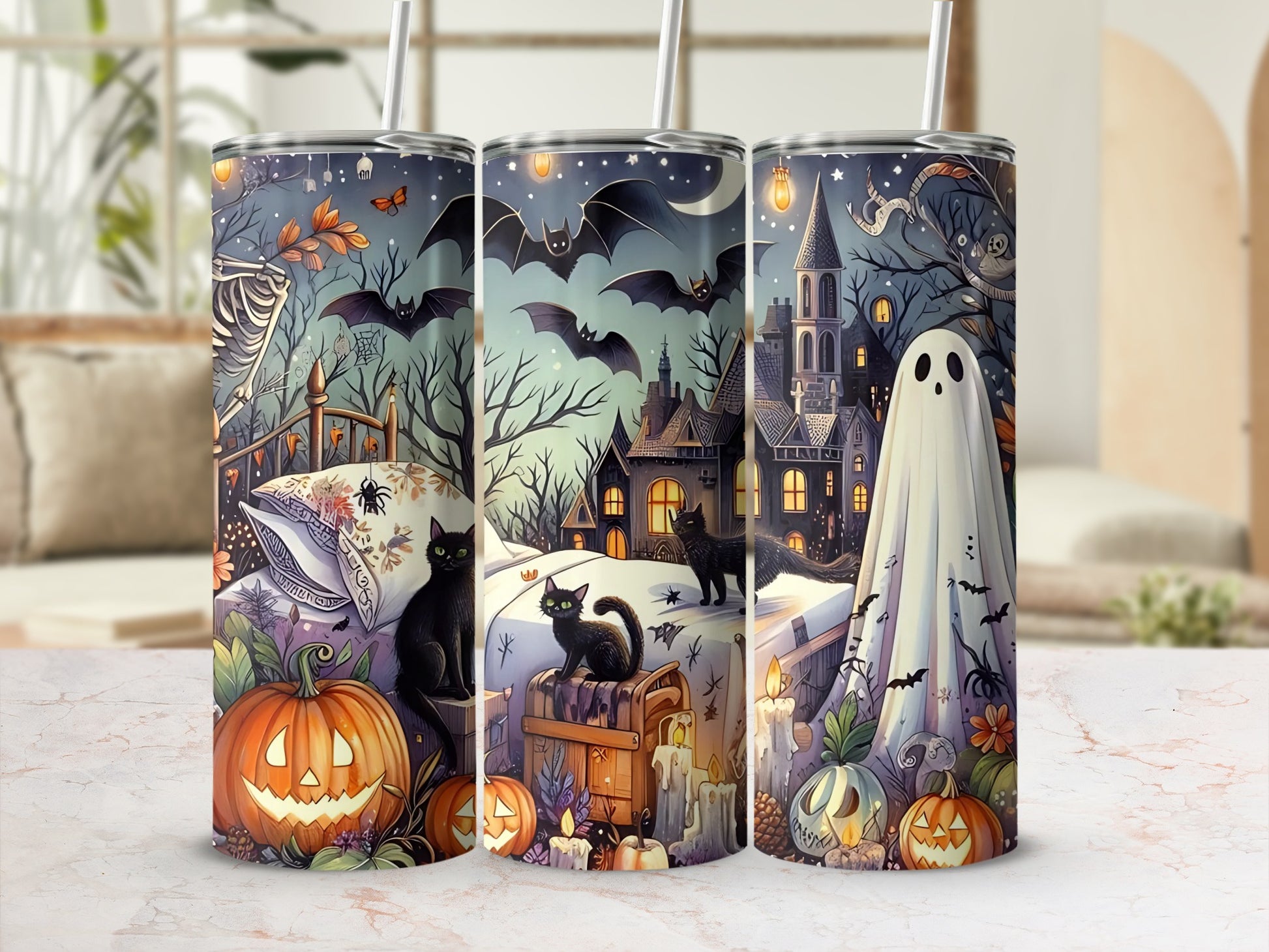 Halloween tumblers featuring skeletons, cats, ghosts, pumpkins, bats, and haunted houses.