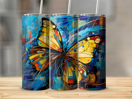 Three tumblers with a colorful abstract butterfly design.