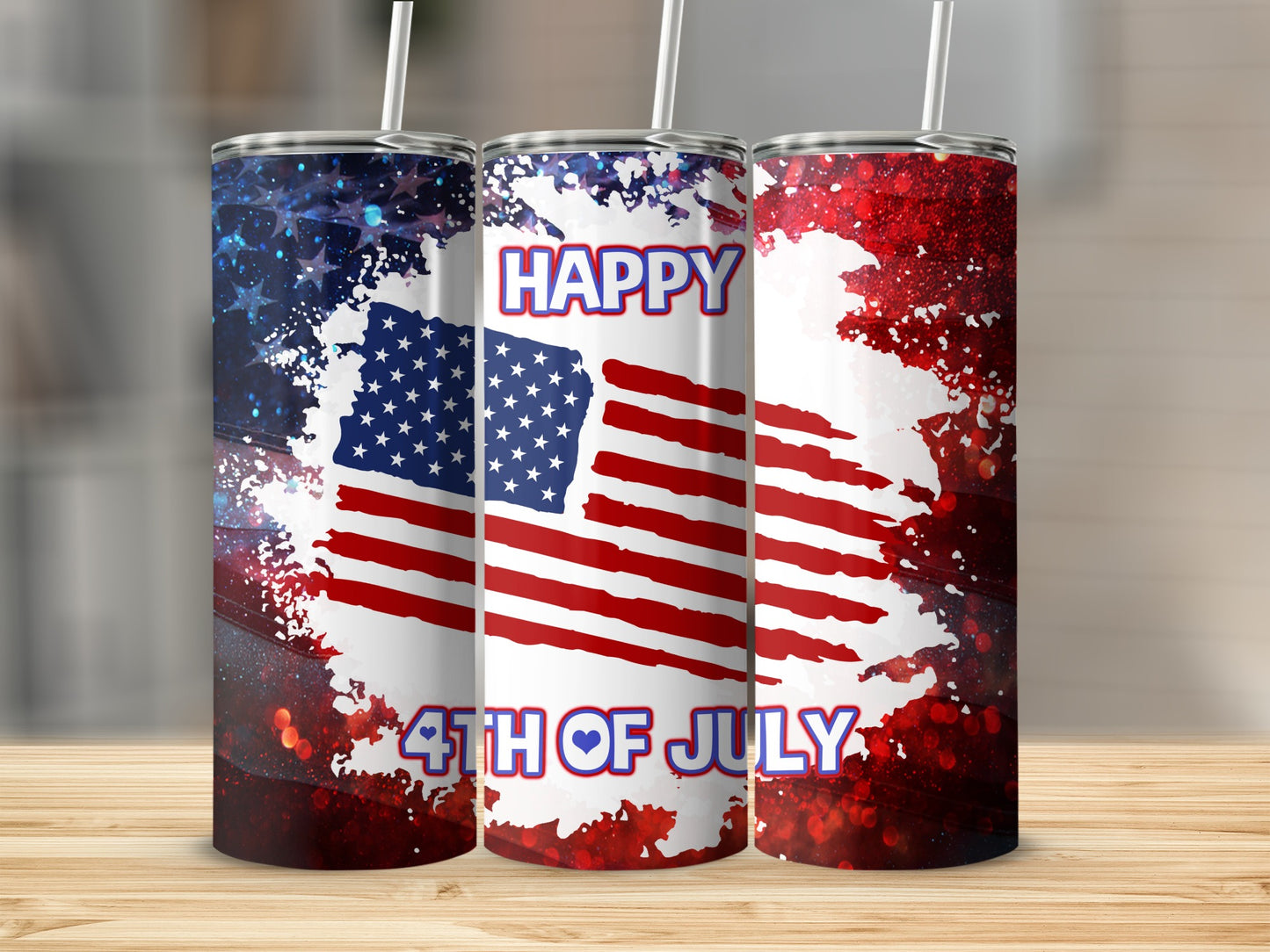 Tall tumbler with American flag and "Happy 4th of July" text.