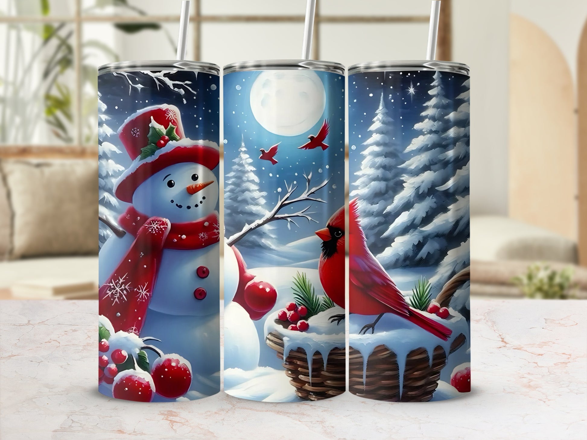 Festive Snowman and Red Bird Winter Scene tumbler