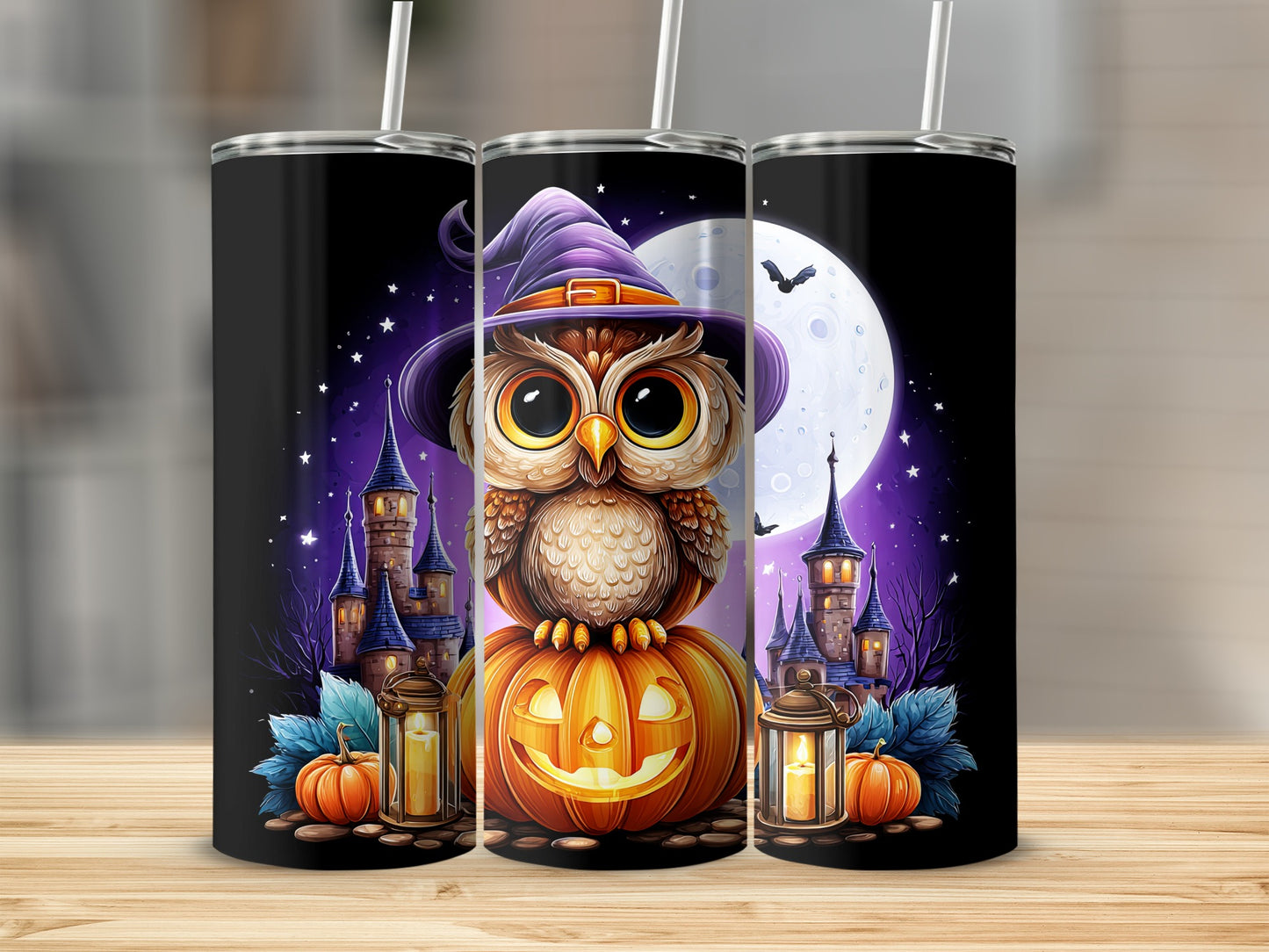 Halloween Owl and Pumpkin Themed Tumbler with Straw