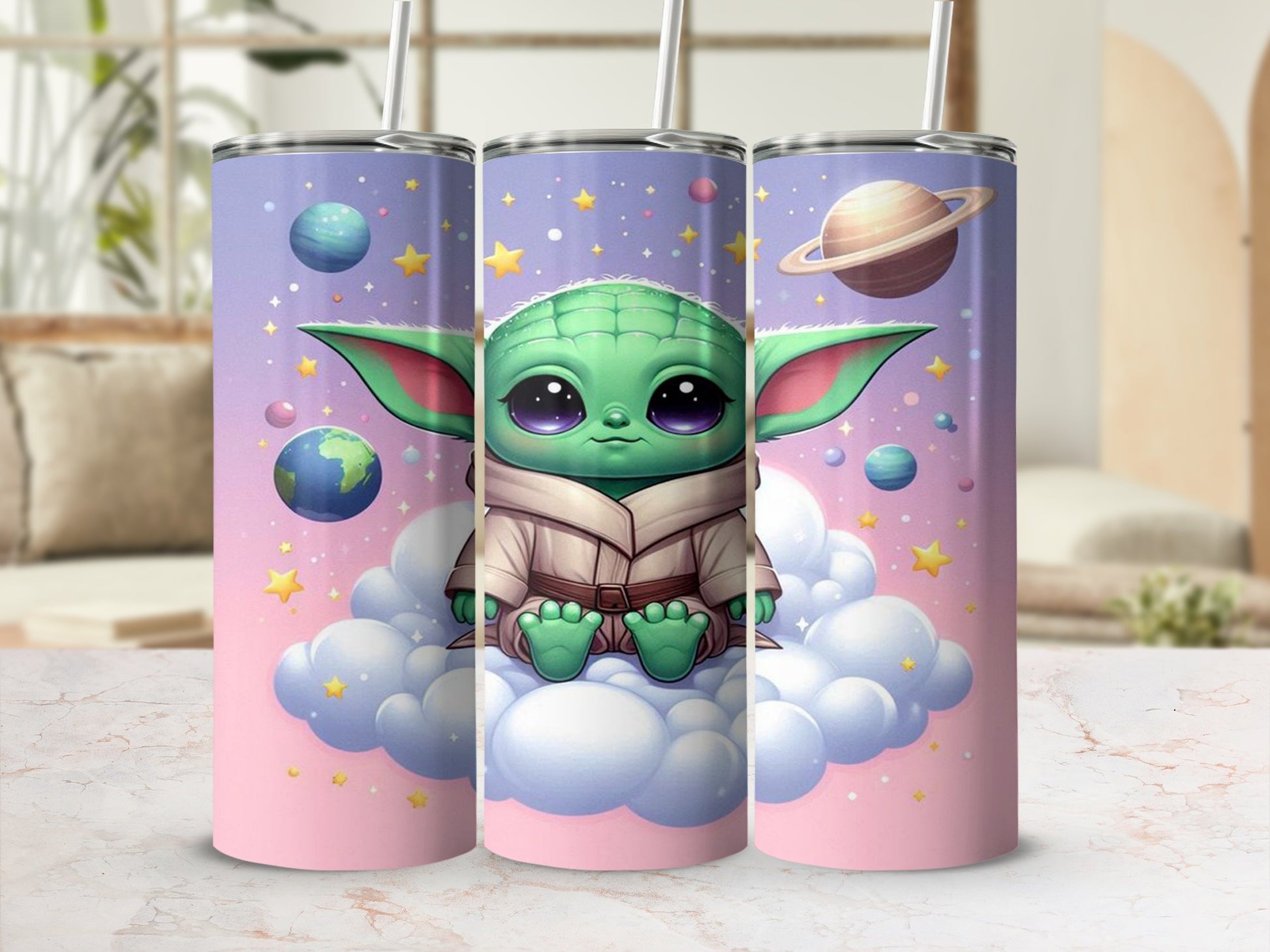 Cute Alien on Clouds with Planets Sky Tumblr Cup