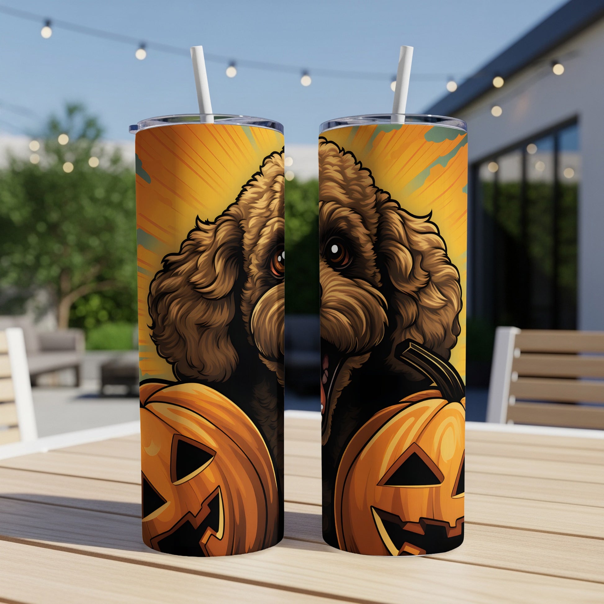 Two tumblers feature a cartoon dog illustration with jack-o'-lanterns and a Halloween theme.