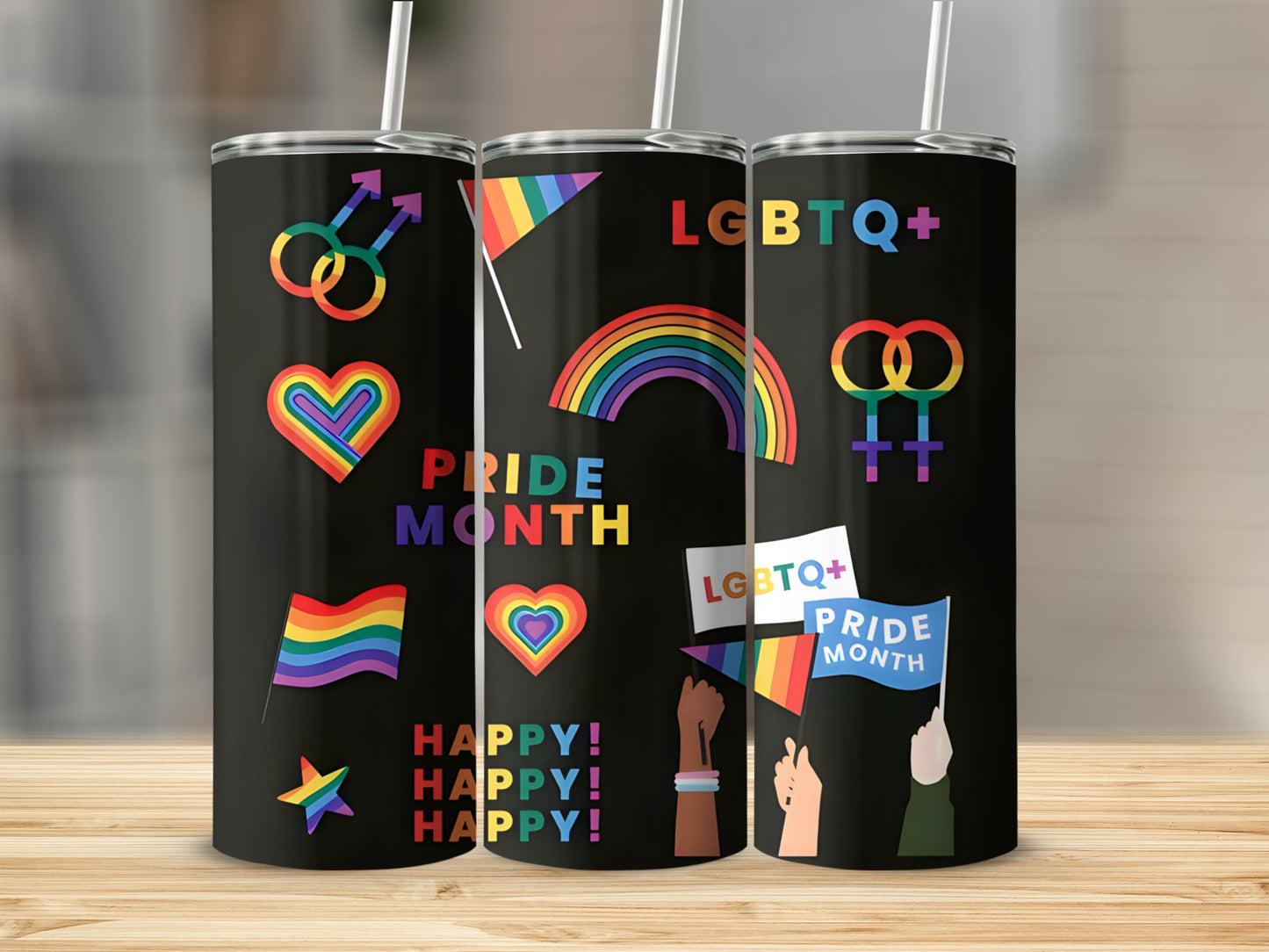 Black tumbler with LGBTQ+ pride symbols and "Pride Month" text.