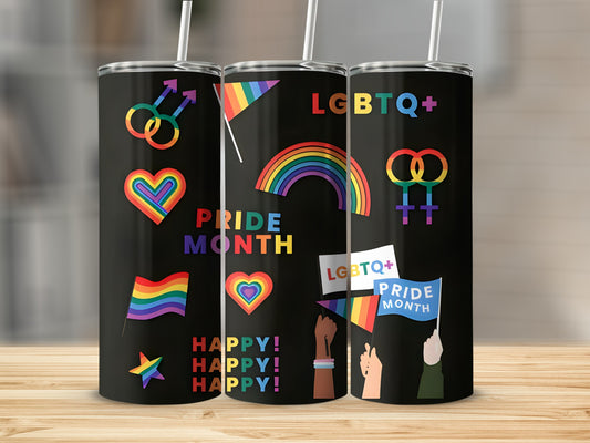 Black tumbler with LGBTQ+ pride symbols and "Pride Month" text.