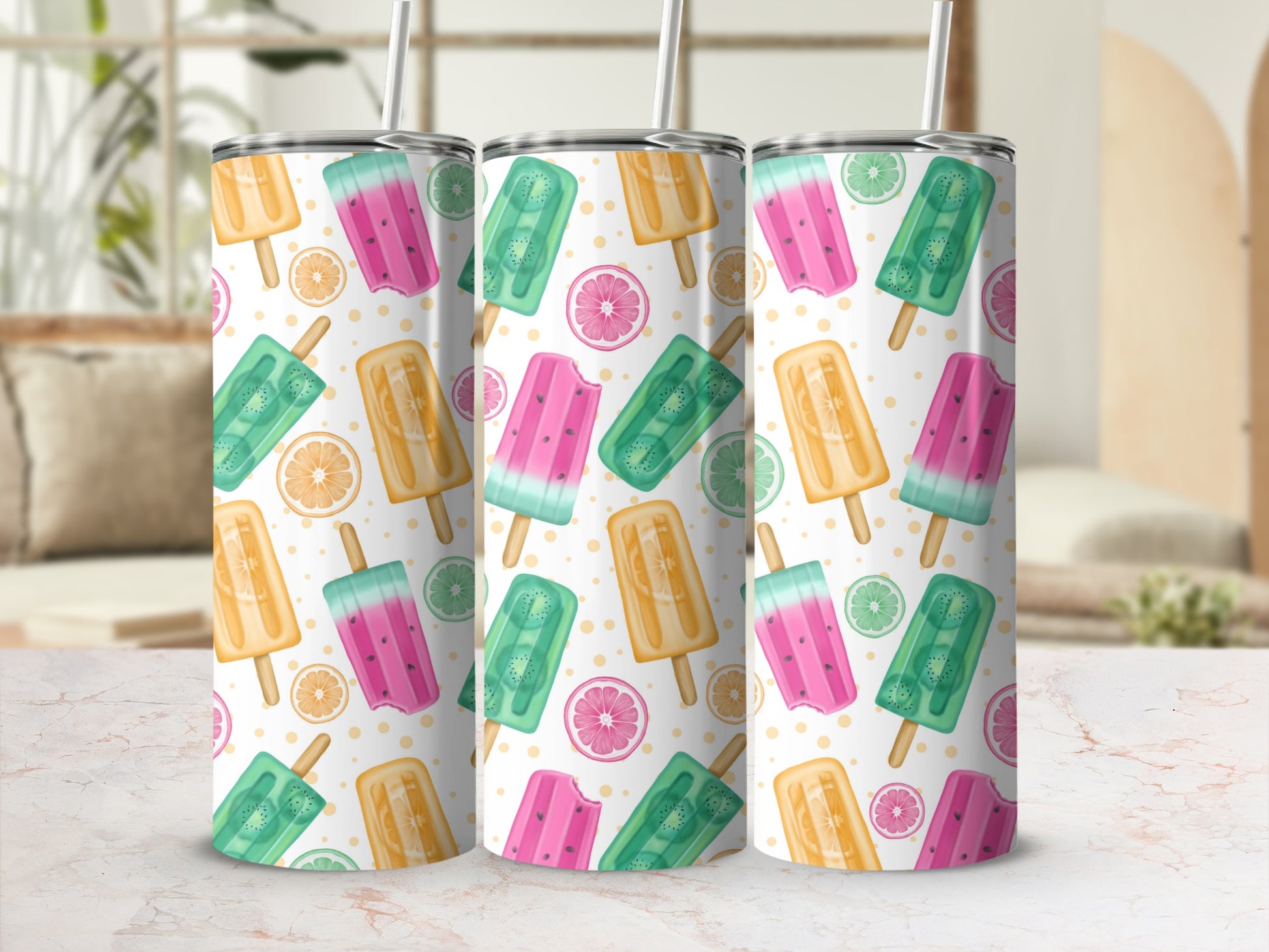 Three tumblers with popsicle and citrus fruit pattern.