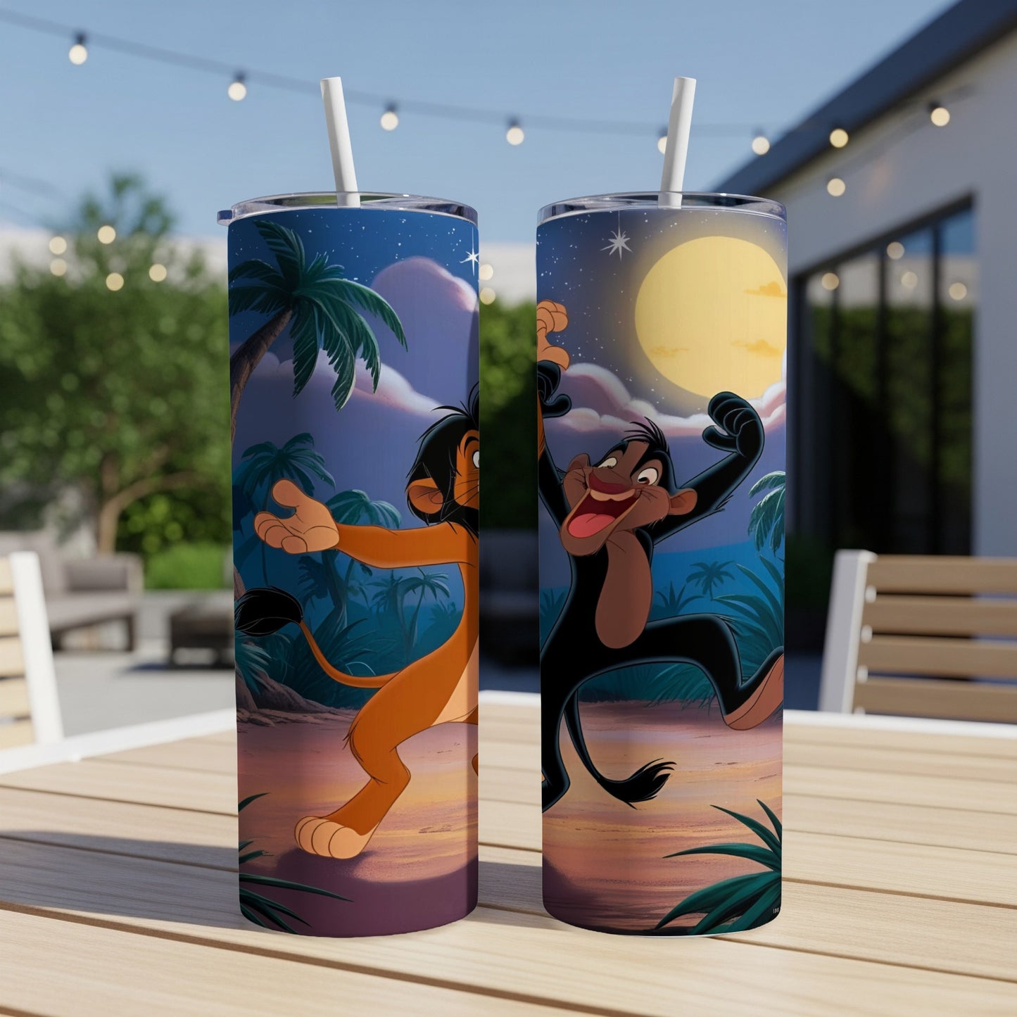 The Lion King Scar and Shenzi characters on tumblers with jungle background.