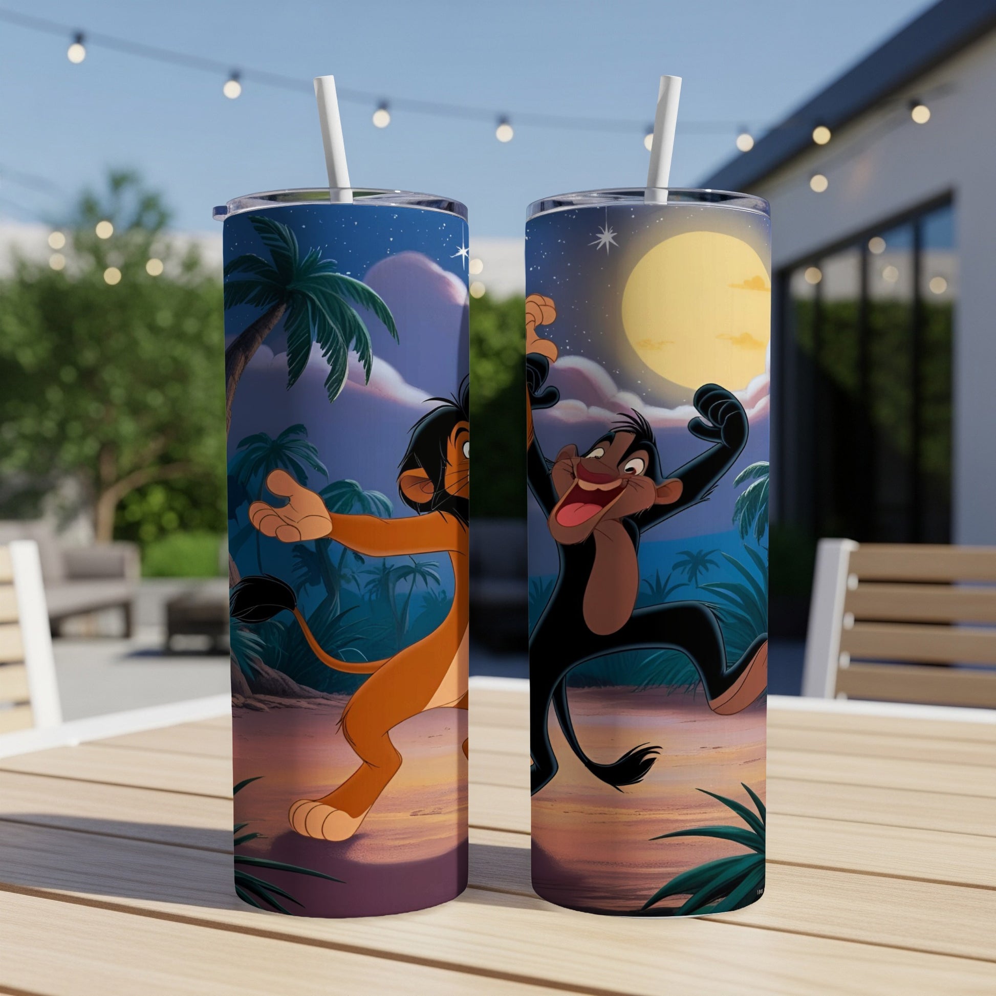 The Lion King Scar and Shenzi characters on tumblers with jungle background.