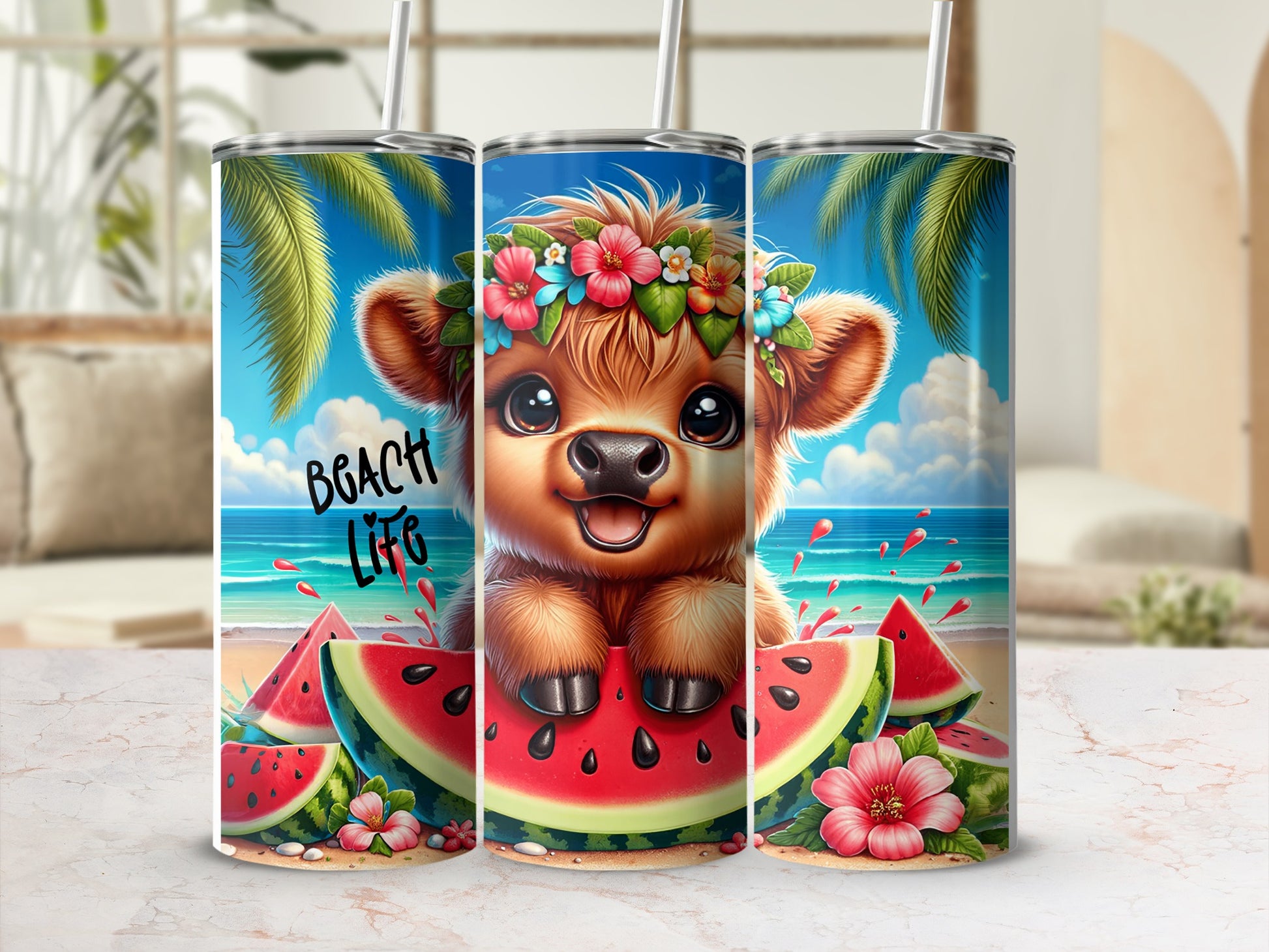 Cute cow in watermelon, beach, and flower wreath.