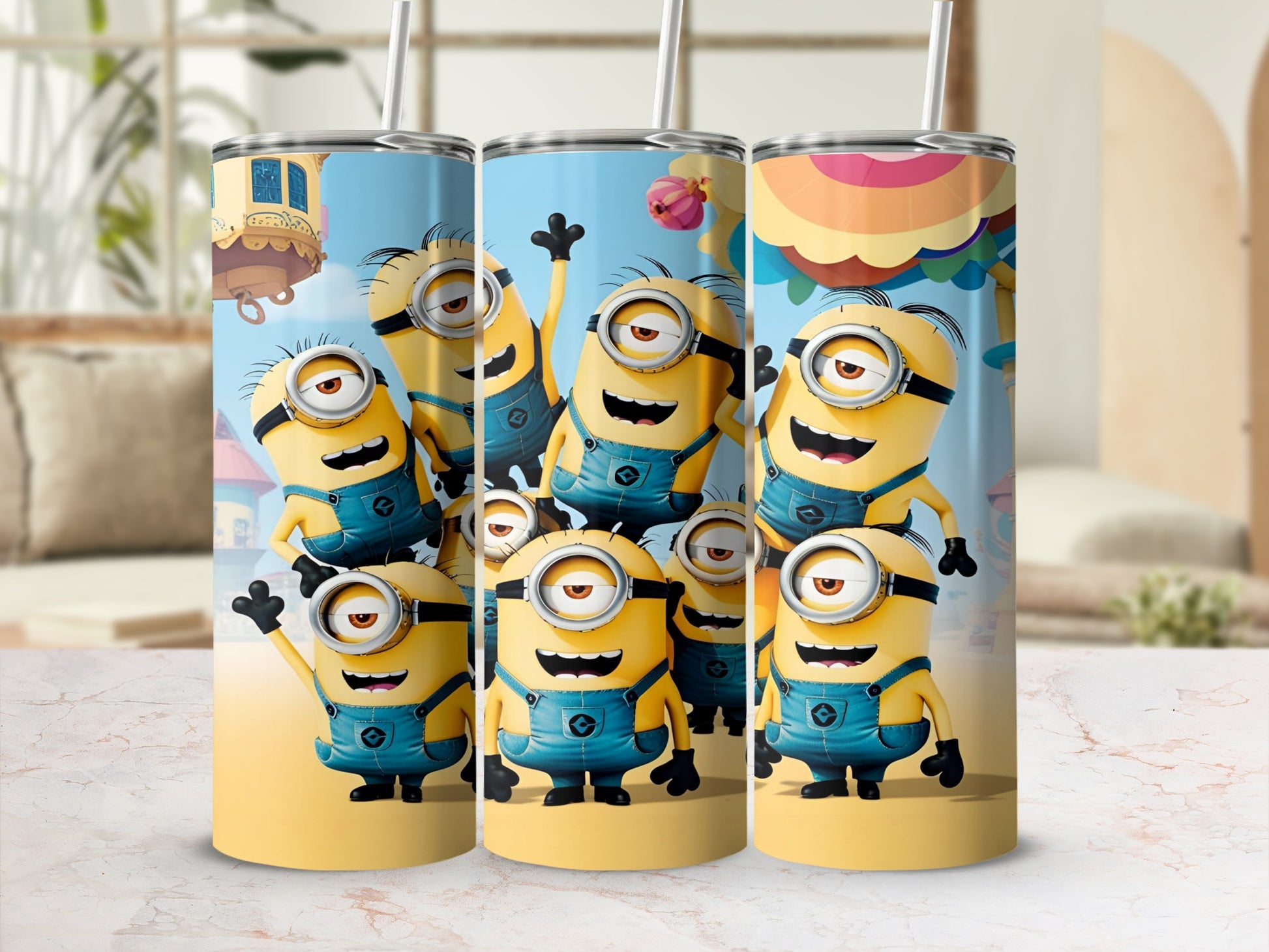 Minions characters on a yellow tumbler with whimsical background elements.