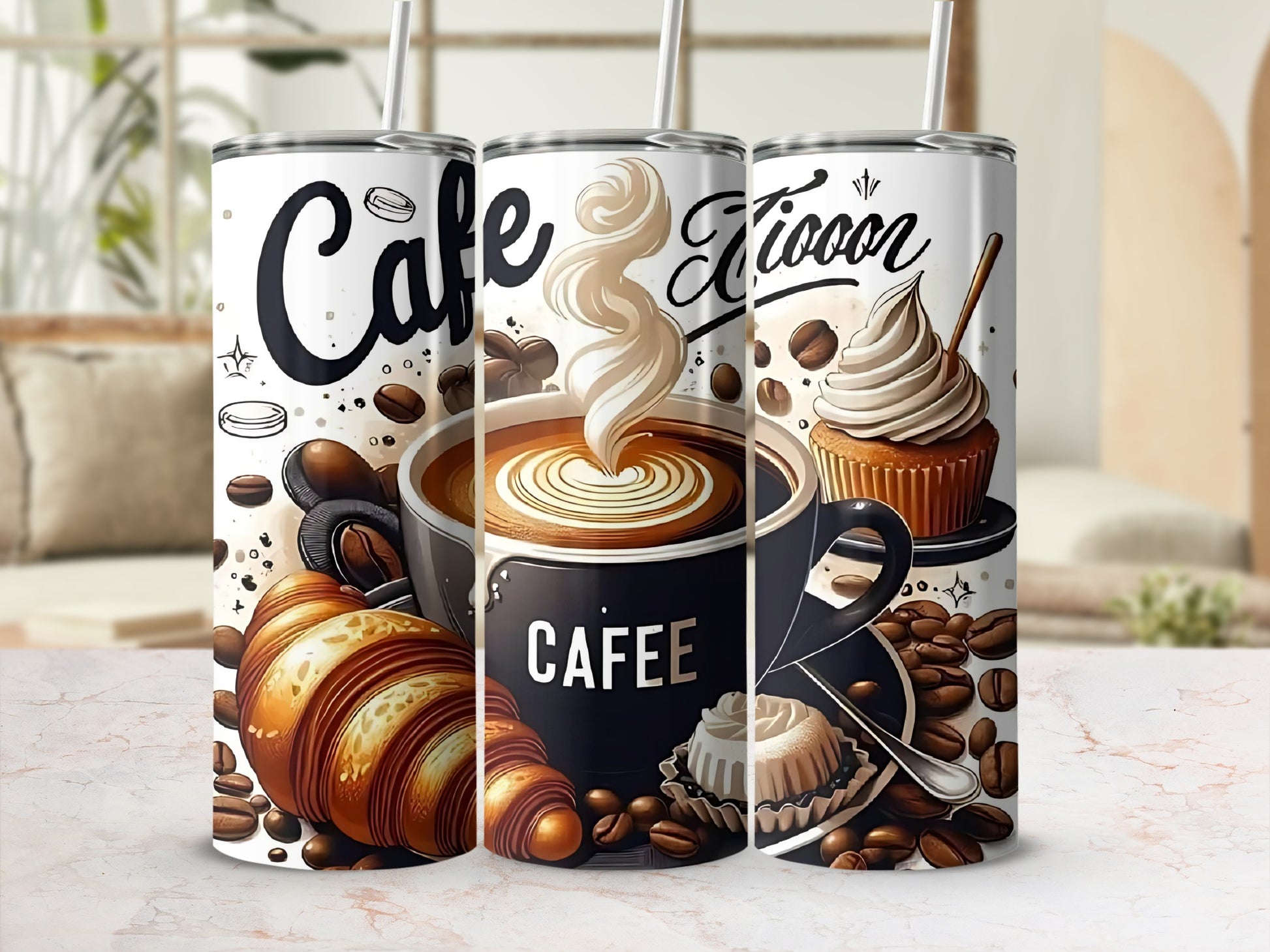 Cafe Themed Tumbler with Coffee and Pastries Design