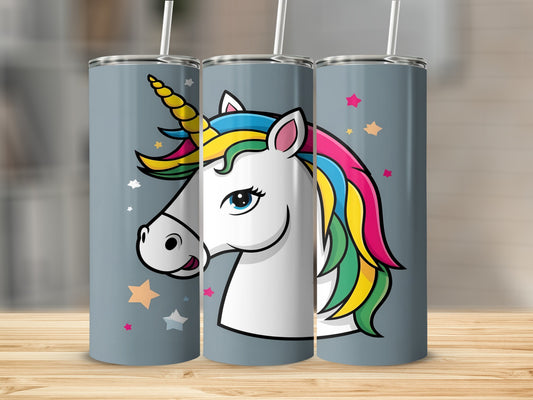 Unicorn tumbler with rainbow mane and stars.