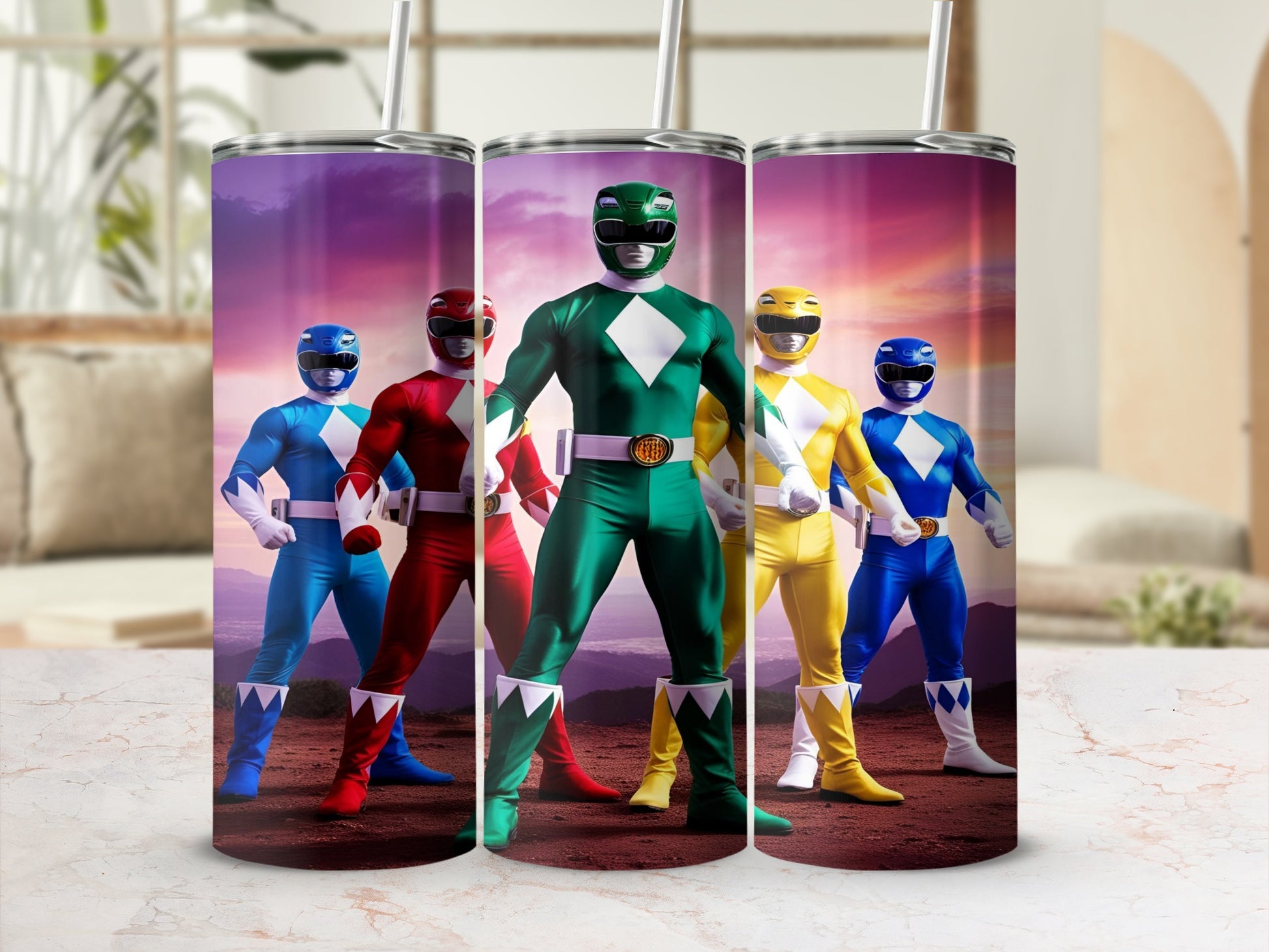 Five Power Rangers in colored suits stand in formation.
