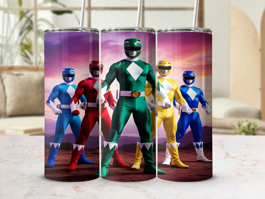 Five Power Rangers in colored suits stand in formation.