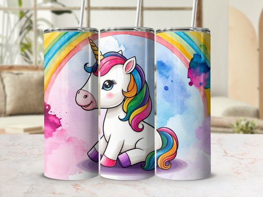 White unicorn with rainbow mane and tail on colorful background.