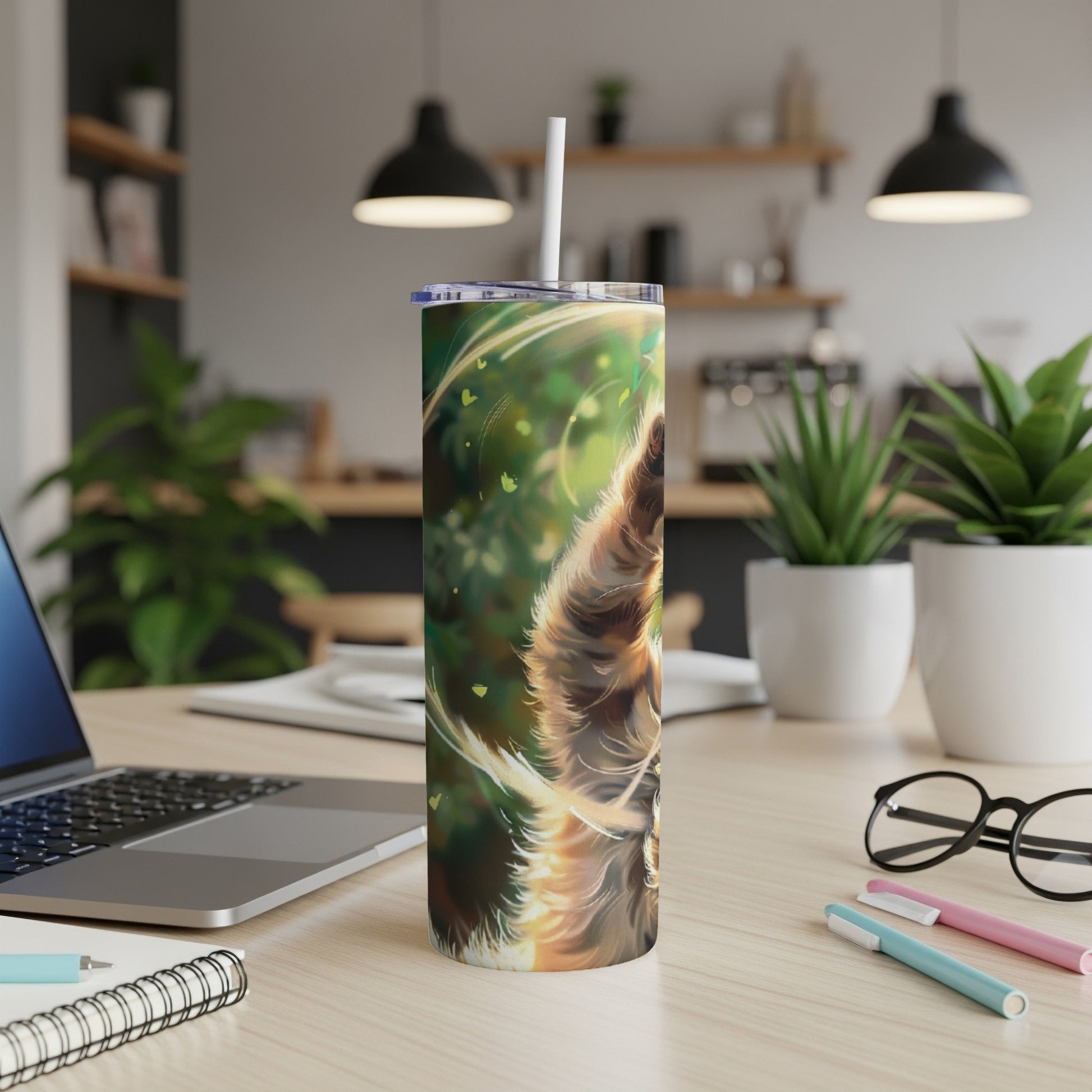 Brown and white cat's face on a tumbler with a straw, set on a desk.
