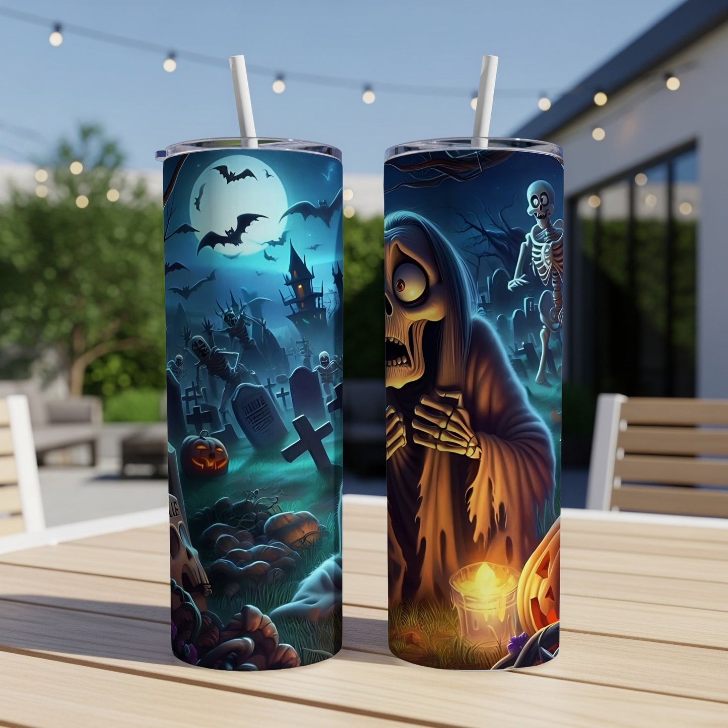 Two Halloween-themed tumblers with a cemetery scene and a skeleton with a ghost.