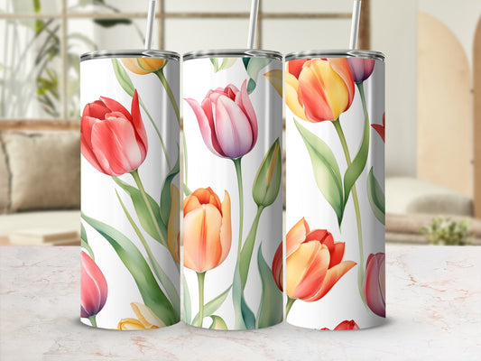 Three tumblers with a watercolor tulip floral pattern.