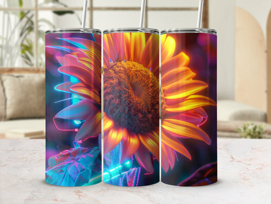 Close-up of a sunflower with colorful neon lighting.