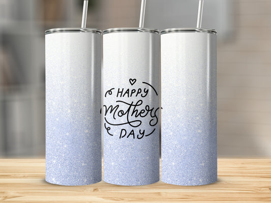 Three white tumblers with blue glitter gradient and "Happy Mother's Day" text.