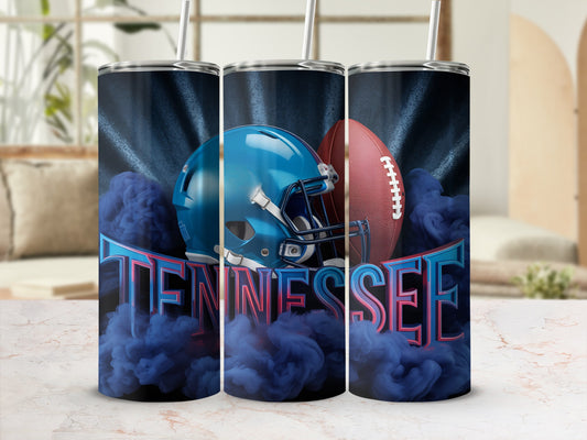 Tapered tumbler with "Tennessee" text, football helmet, and smoky background.