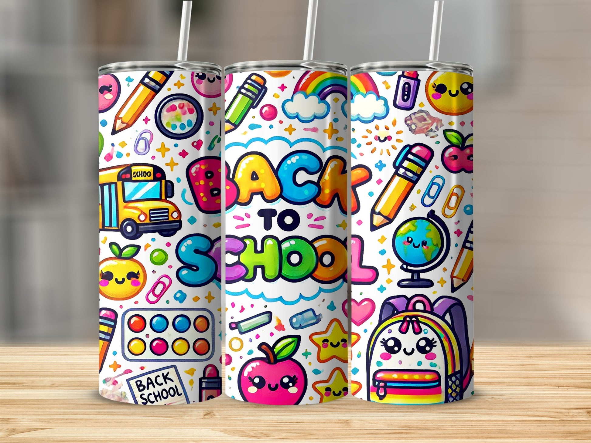 "Back to School" tumbler with cute school supplies and characters.