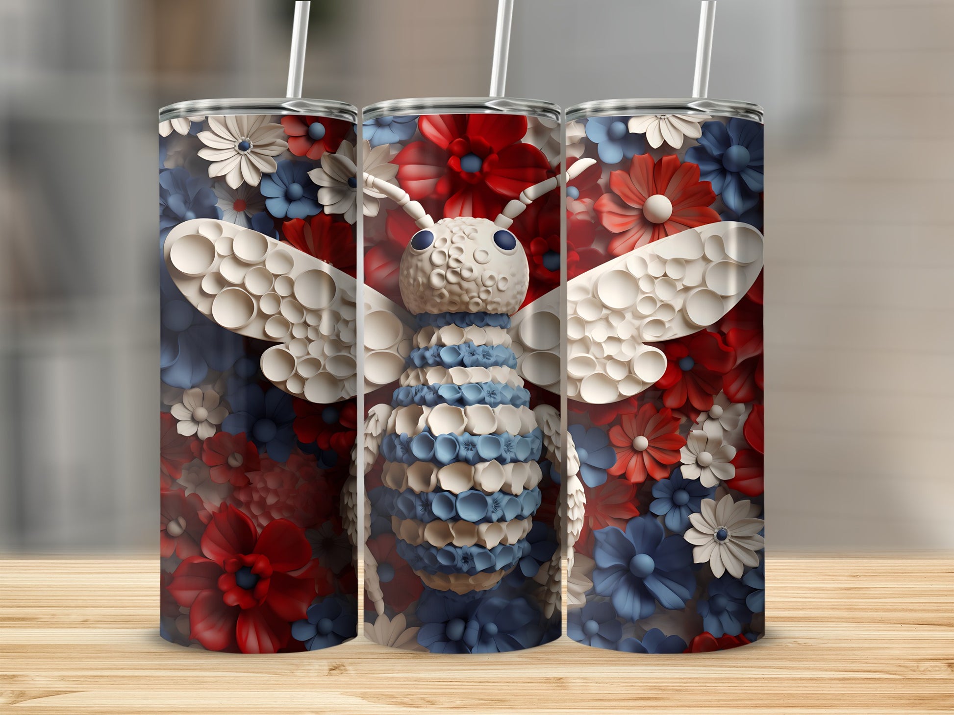 Bee-themed tumbler with red, white, and blue floral background.