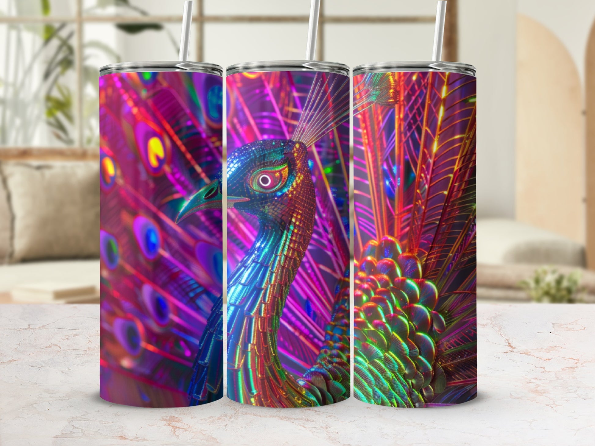 Three close-up views of a vibrant, iridescent peacock feather pattern on tumblers.